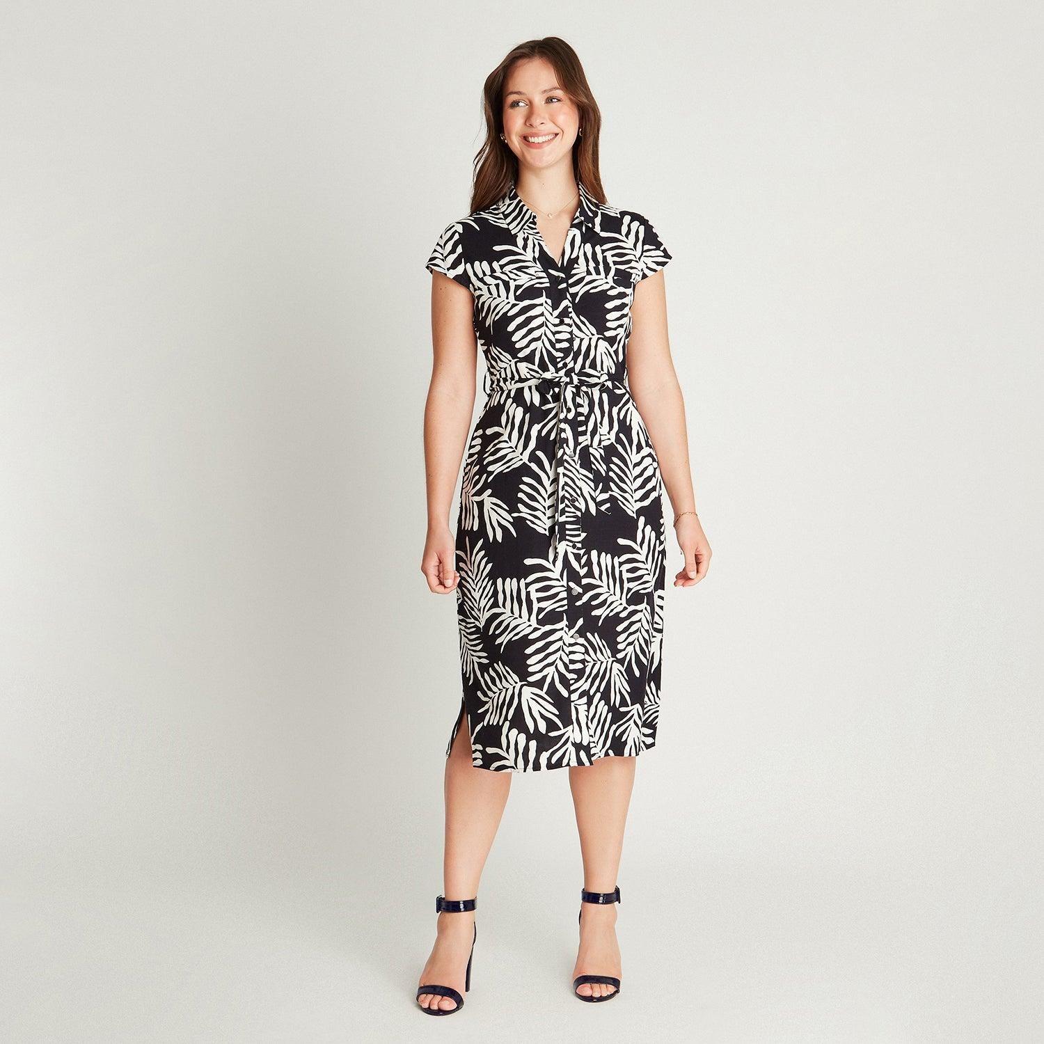 Vestido Maxi Lino Azul Manga Corta Estampado Cuello Camisero-3