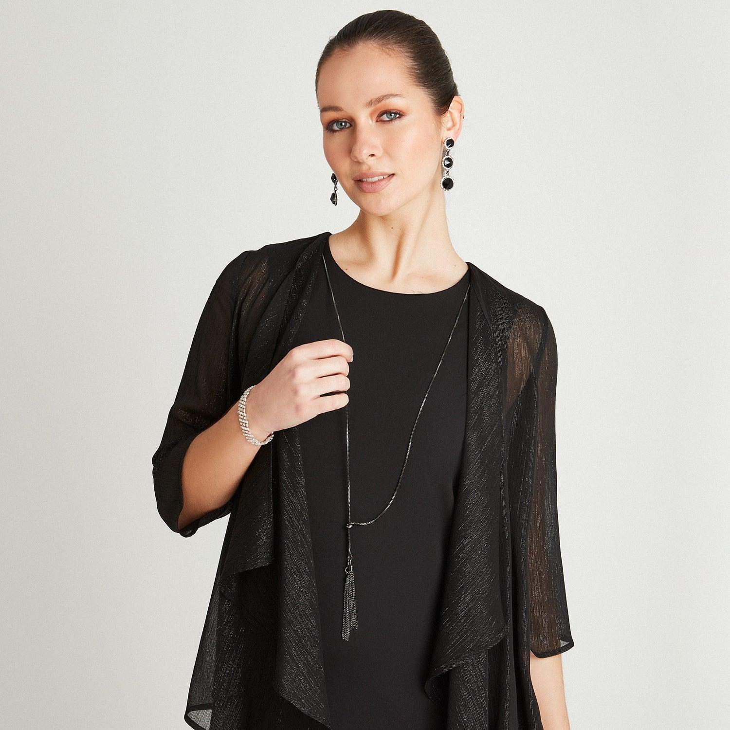 Vestido Negro Manga 3,4 Cuello Redondo-2