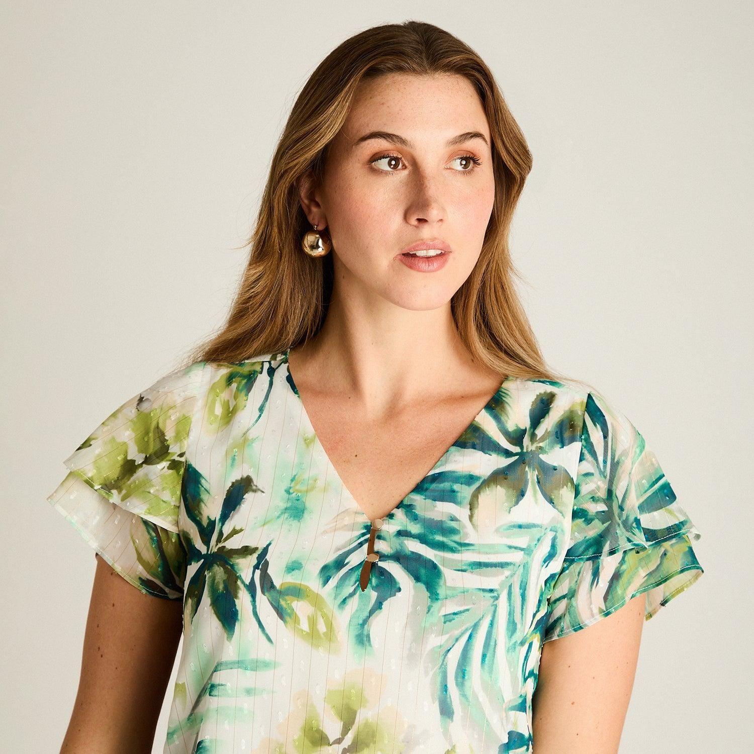 Blusa Verde Manga Corta Estampado Tropical-2