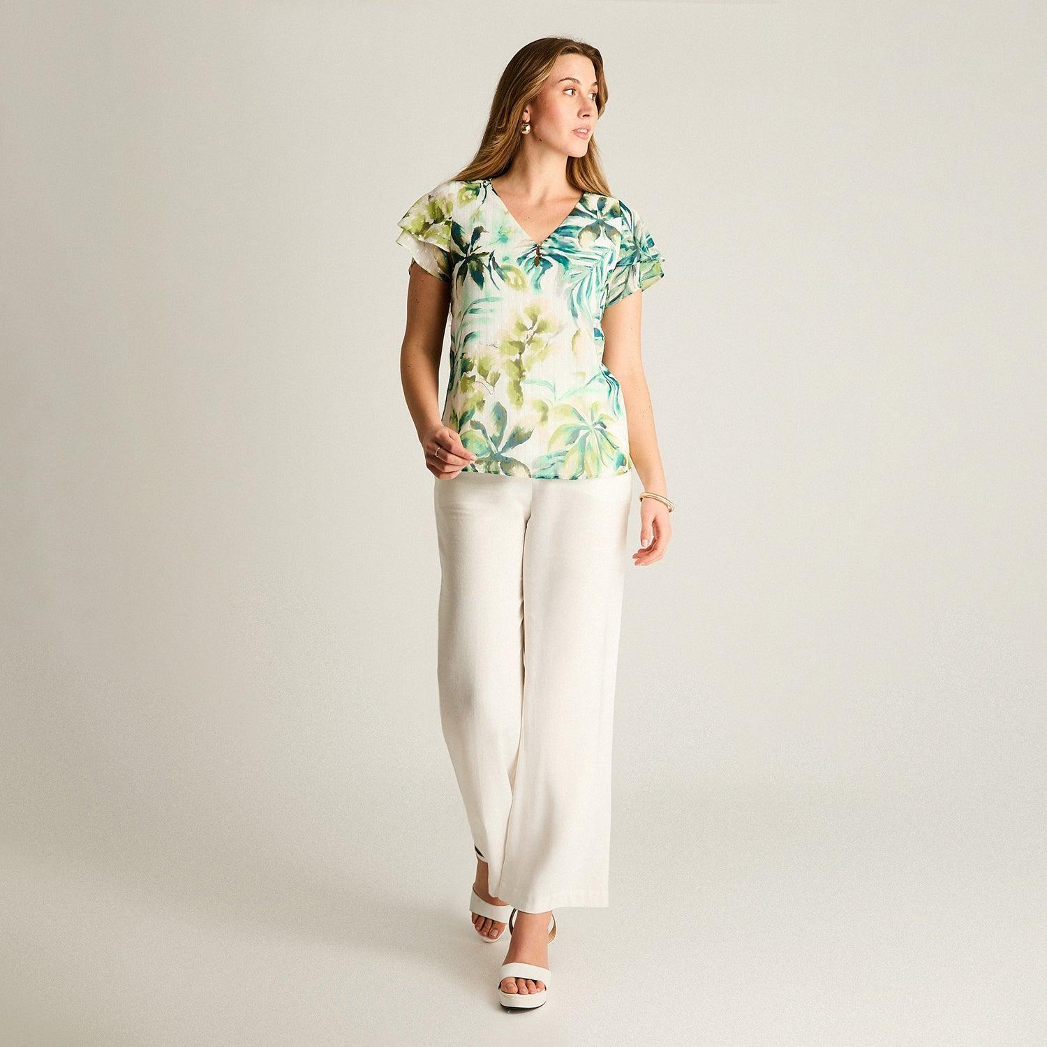 Blusa Verde Manga Corta Estampado Tropical-3