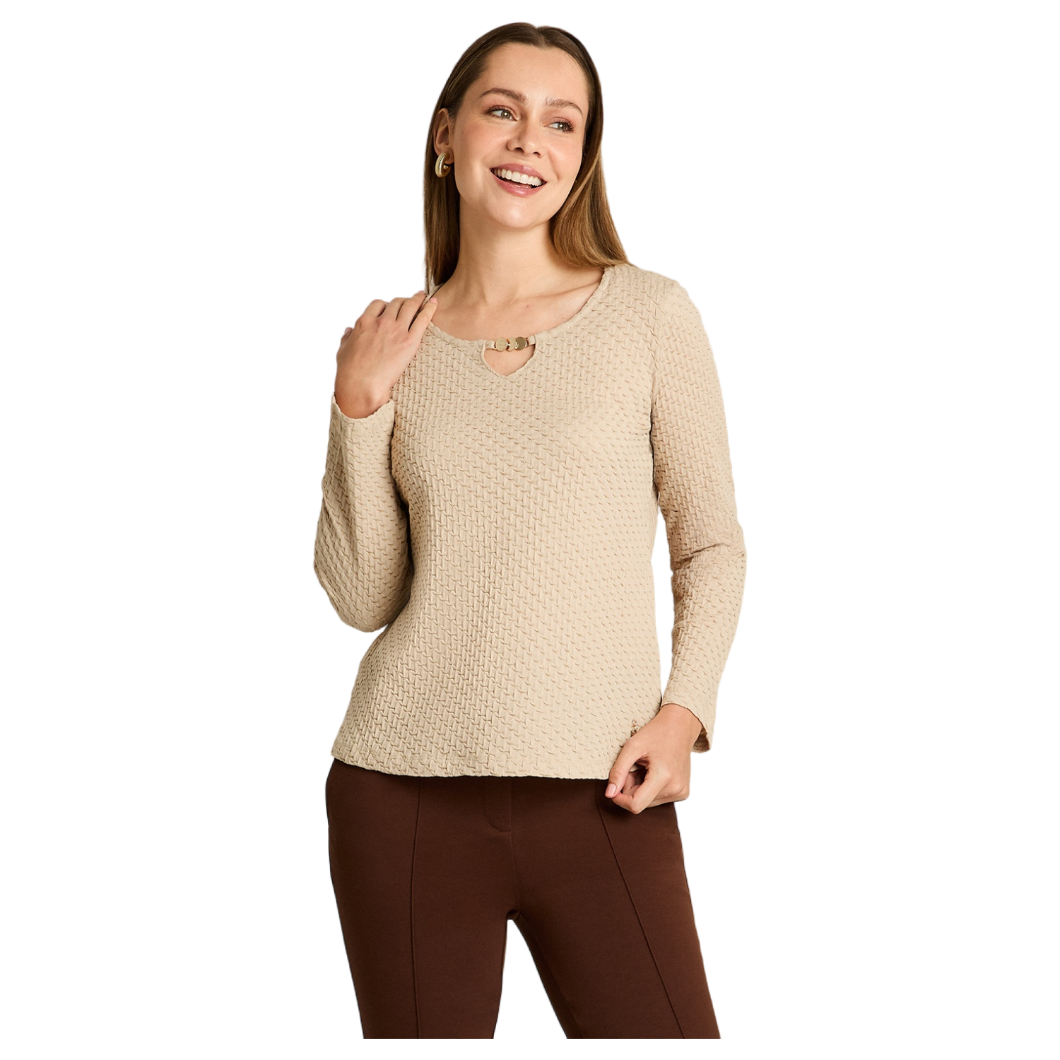 Polera Arena de Punto con Textura y Detalle de Lúrex en Escote-0