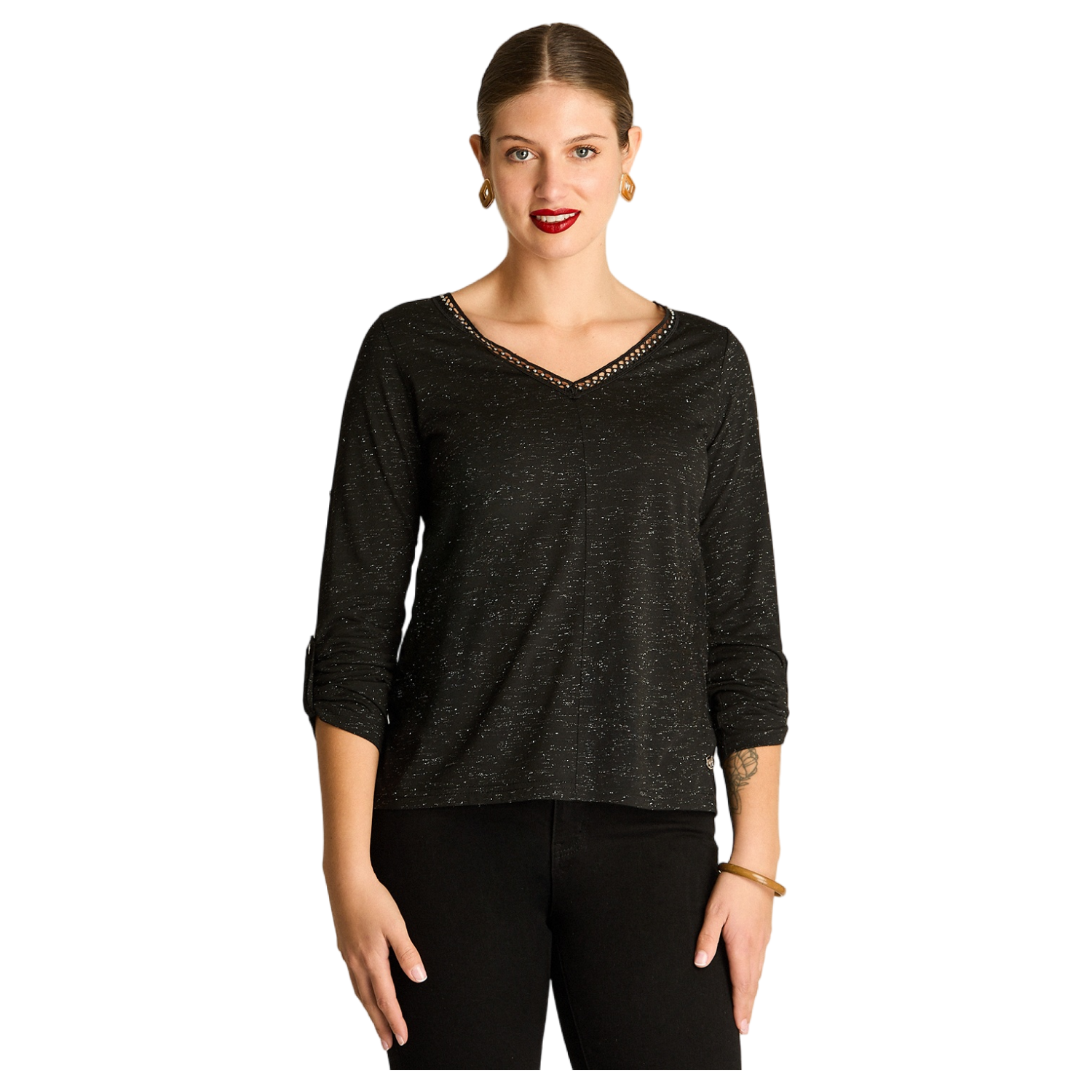 Polera Negra Manga Larga Roll Up con Cuello V y Aplicaciones-0