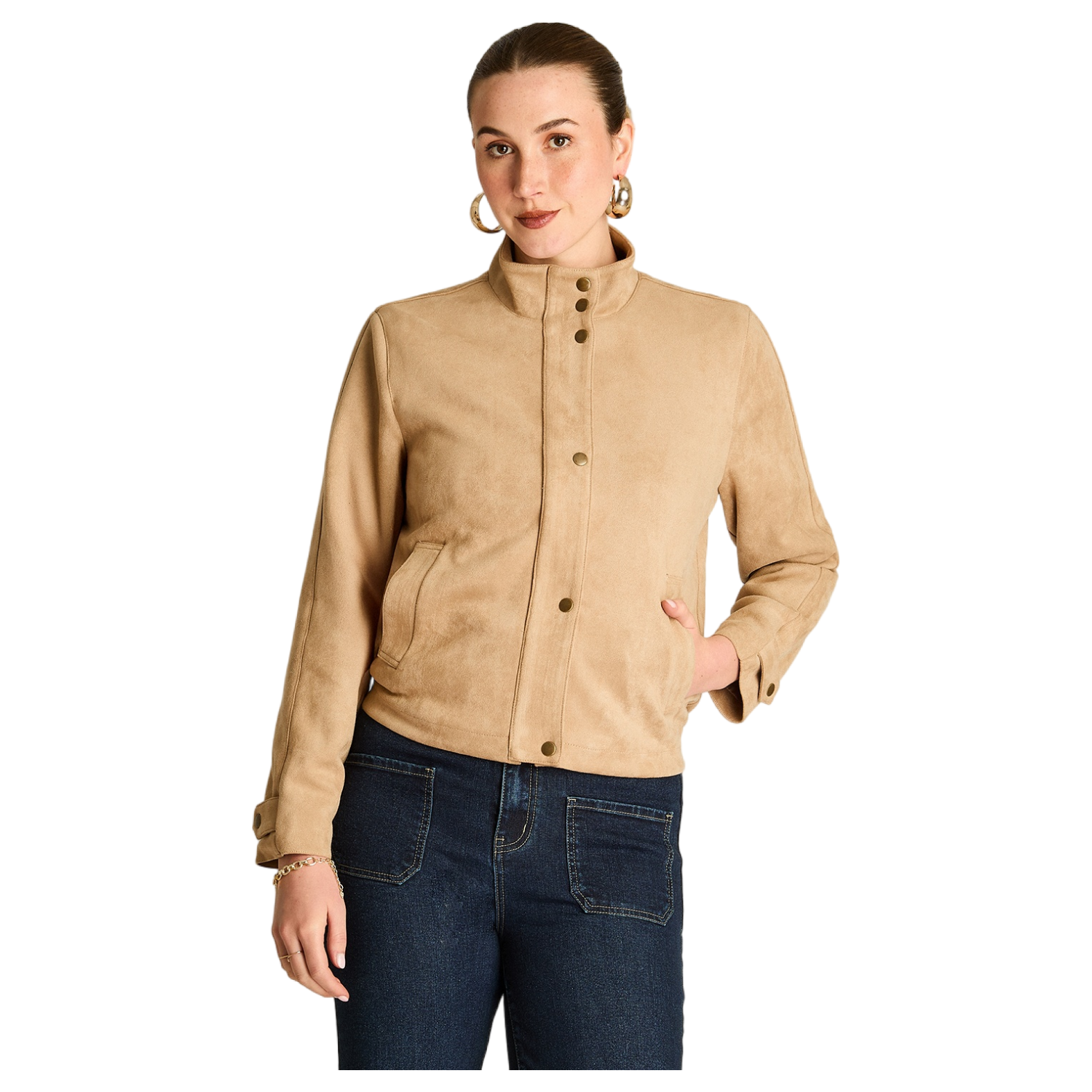 Chaqueta Bomber Camel de Suede con Bolsillos y Cierre-0