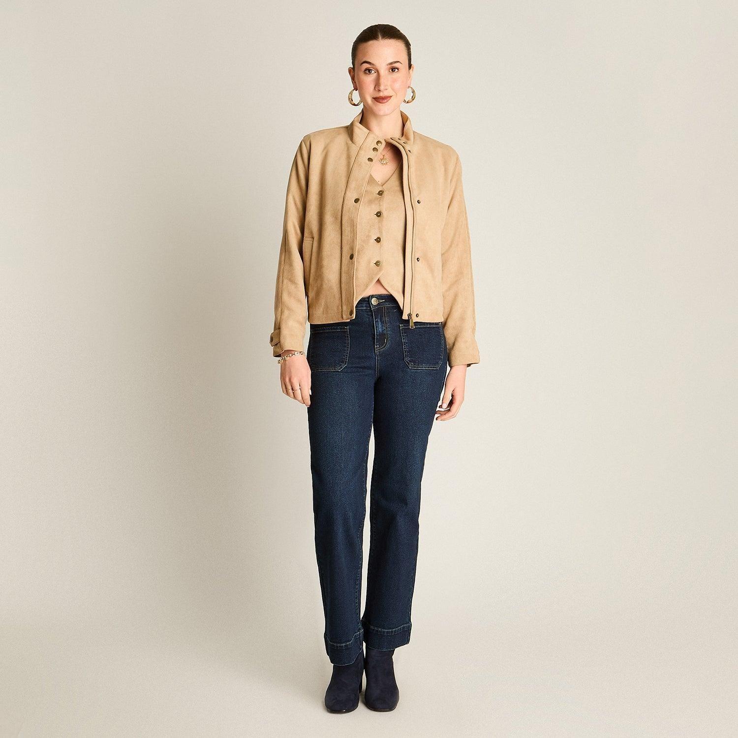 Chaqueta Bomber Camel de Suede con Bolsillos y Cierre-3