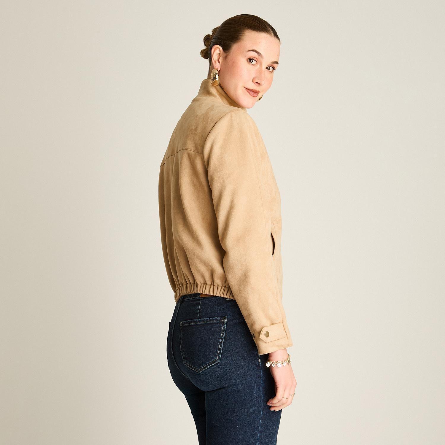 Chaqueta Bomber Camel de Suede con Bolsillos y Cierre-1
