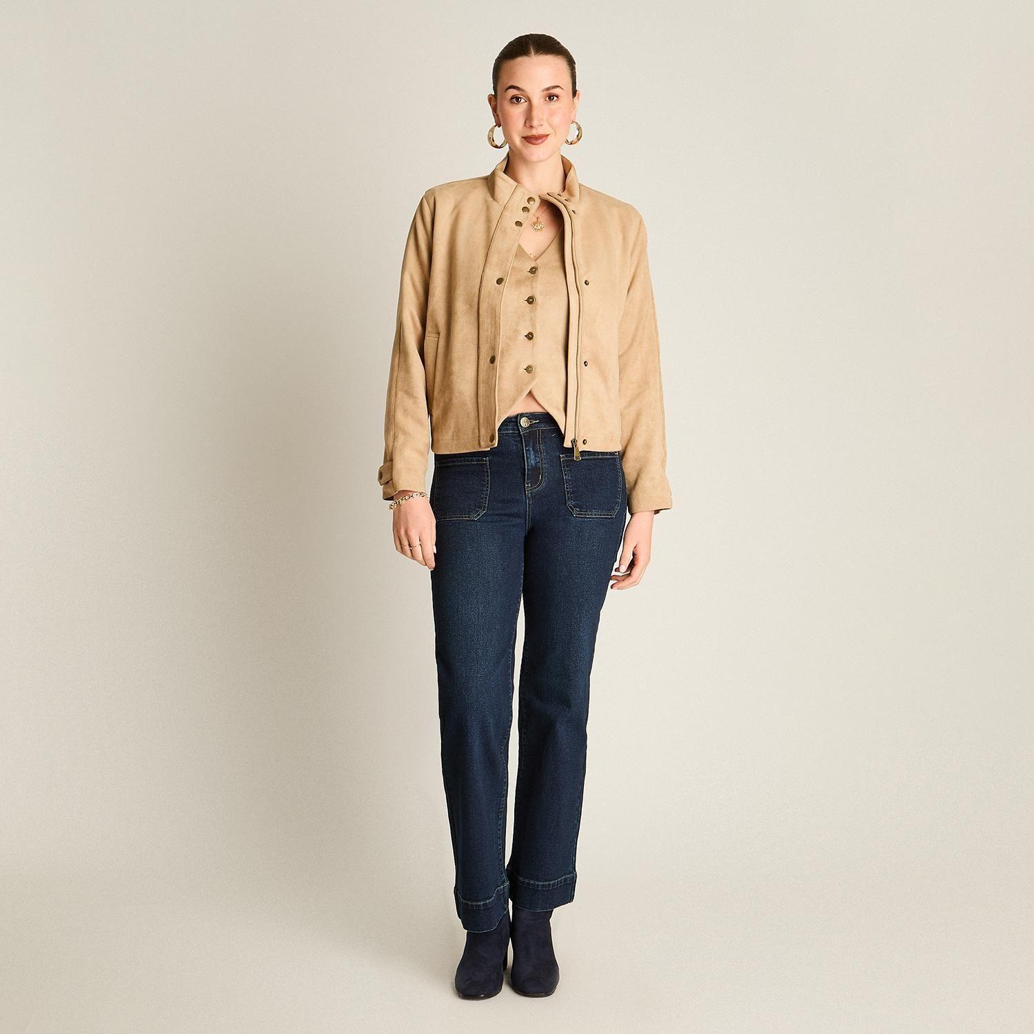 Chaqueta Bomber Camel de Suede con Bolsillos y Cierre-3