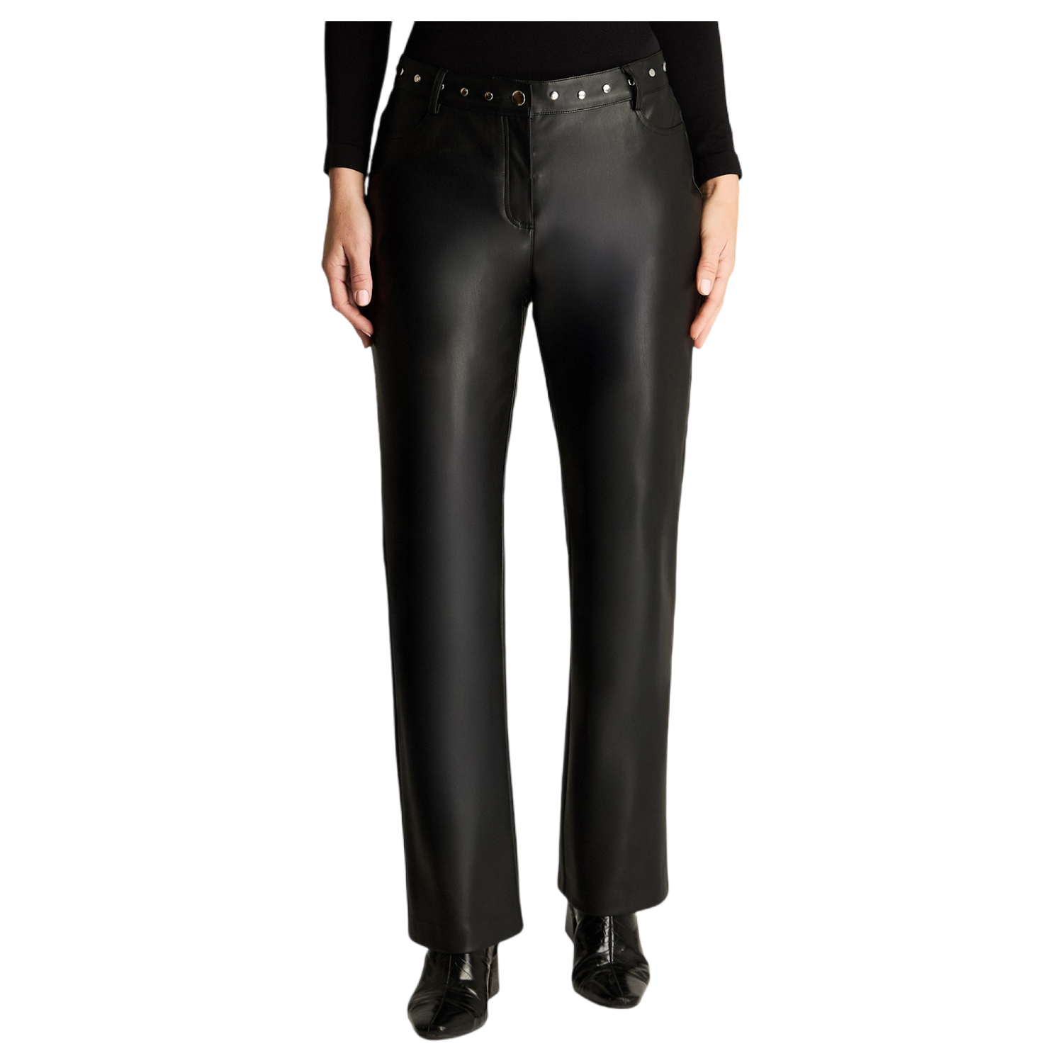 Pantalón De Pu Recto Con Tachas En Pretina Negro-4