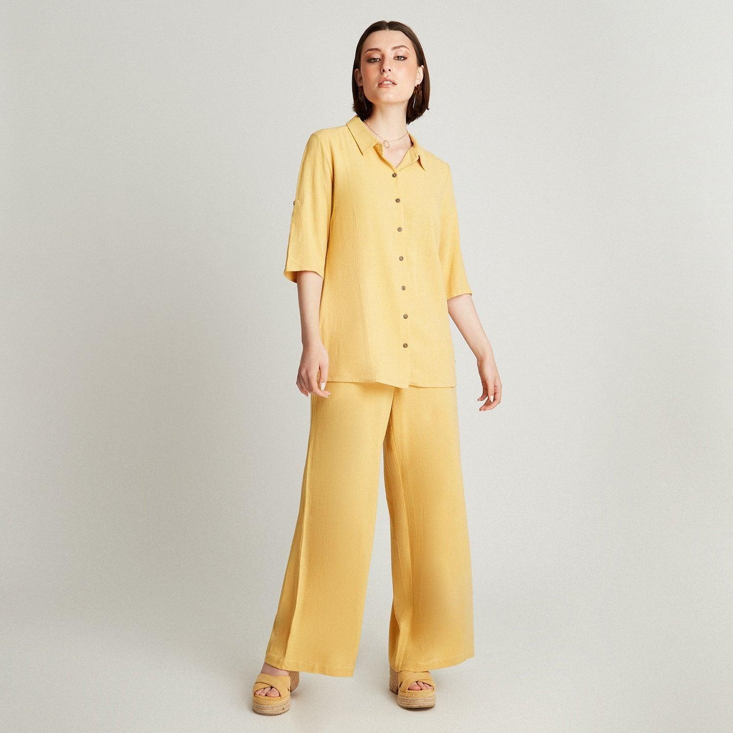 Blusa Mostaza Manga Codo Liso Cuello Camisero-3