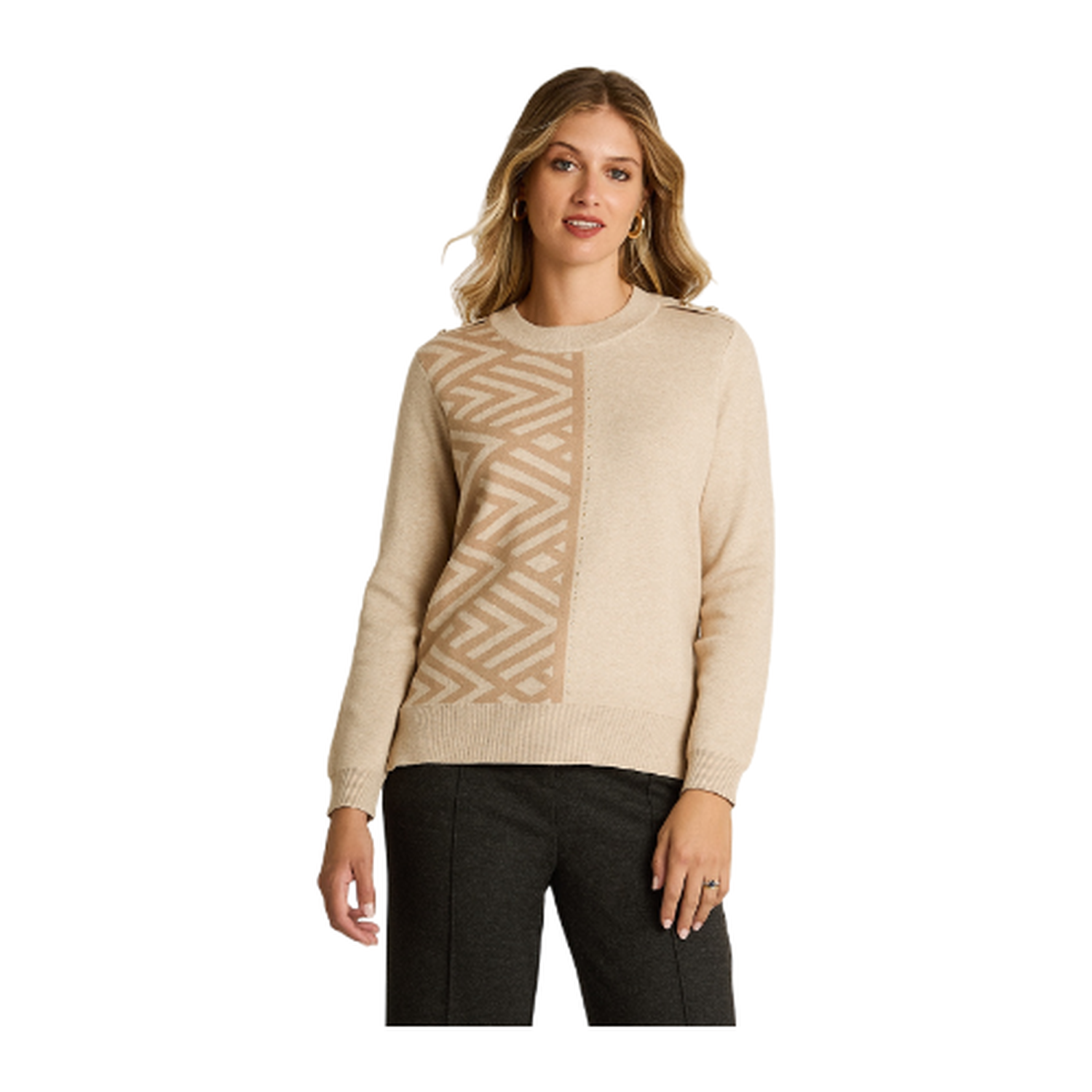 Sweater Beige con Estampado Geométrico y Botones en Hombro en Tejido-0