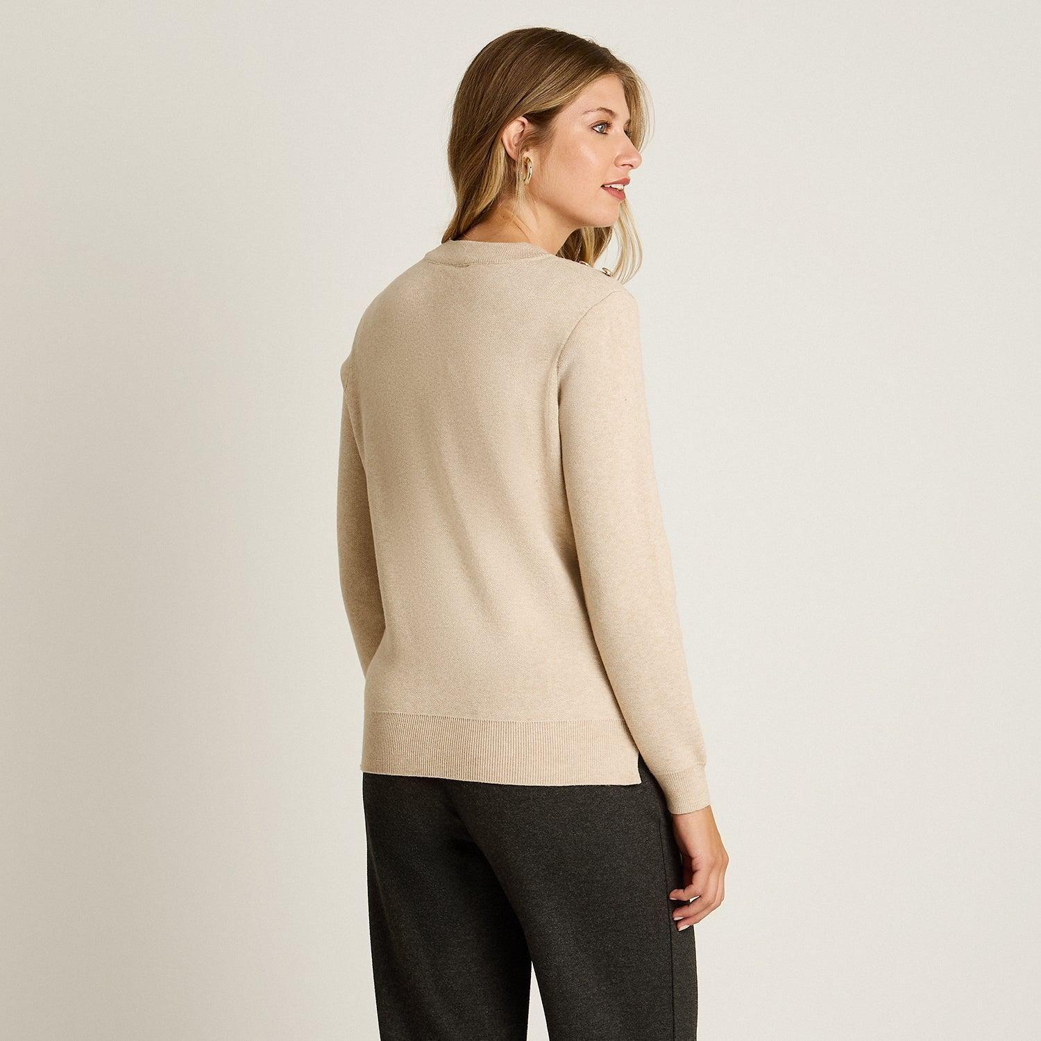 Sweater Beige con Estampado Geométrico y Botones en Hombro en Tejido-1