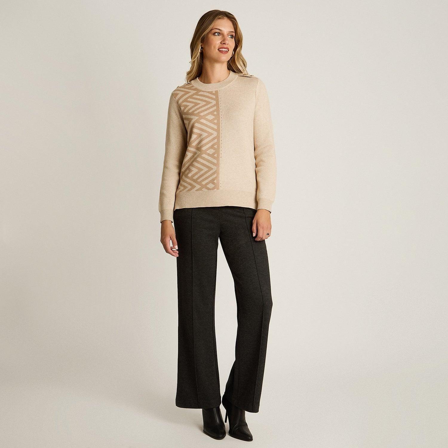 Sweater Beige con Estampado Geométrico y Botones en Hombro en Tejido-3