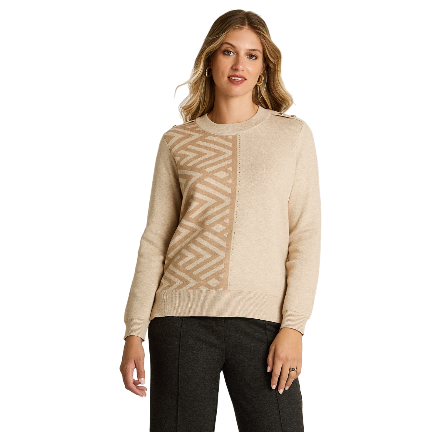 Sweater Beige con Estampado Geométrico y Botones en Hombro en Tejido-0