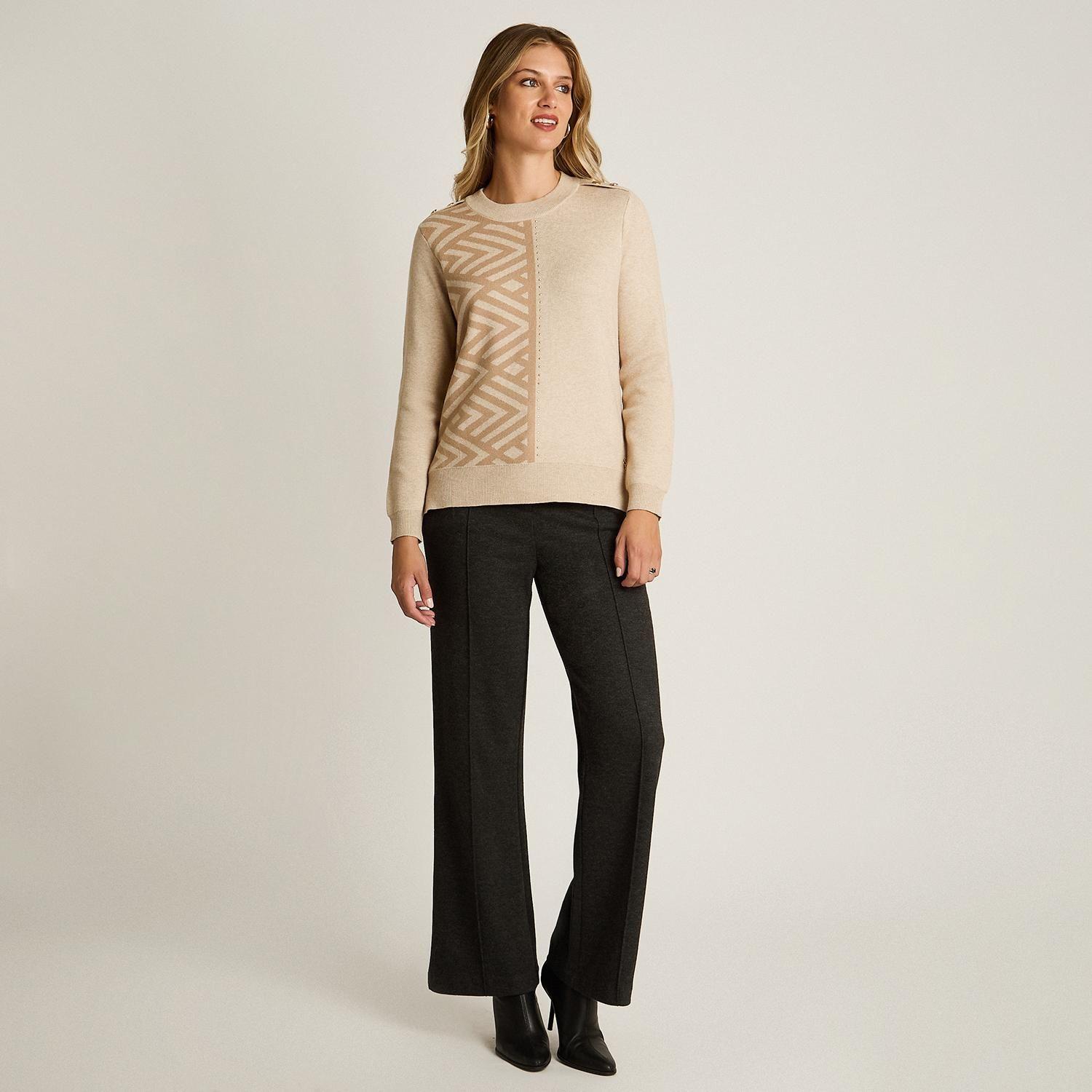 Sweater Beige con Estampado Geométrico y Botones en Hombro en Tejido-3