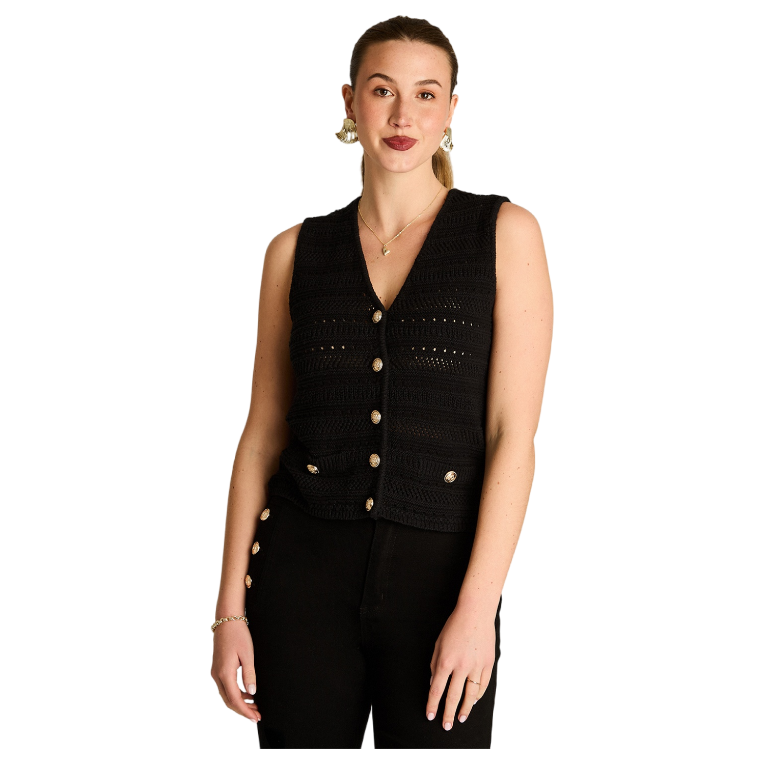 Cardigan Negro Sin Mangas Tejido con Botones-0