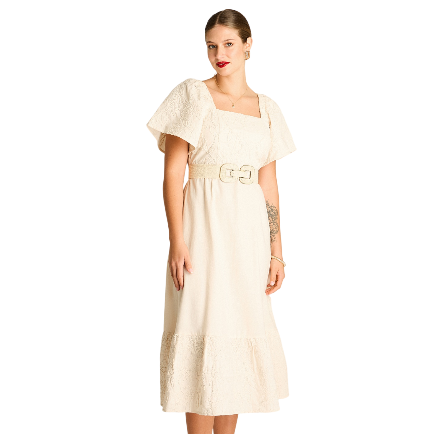 Vestido Largo Arena Manga Corta con Bordado y Cinturón-0