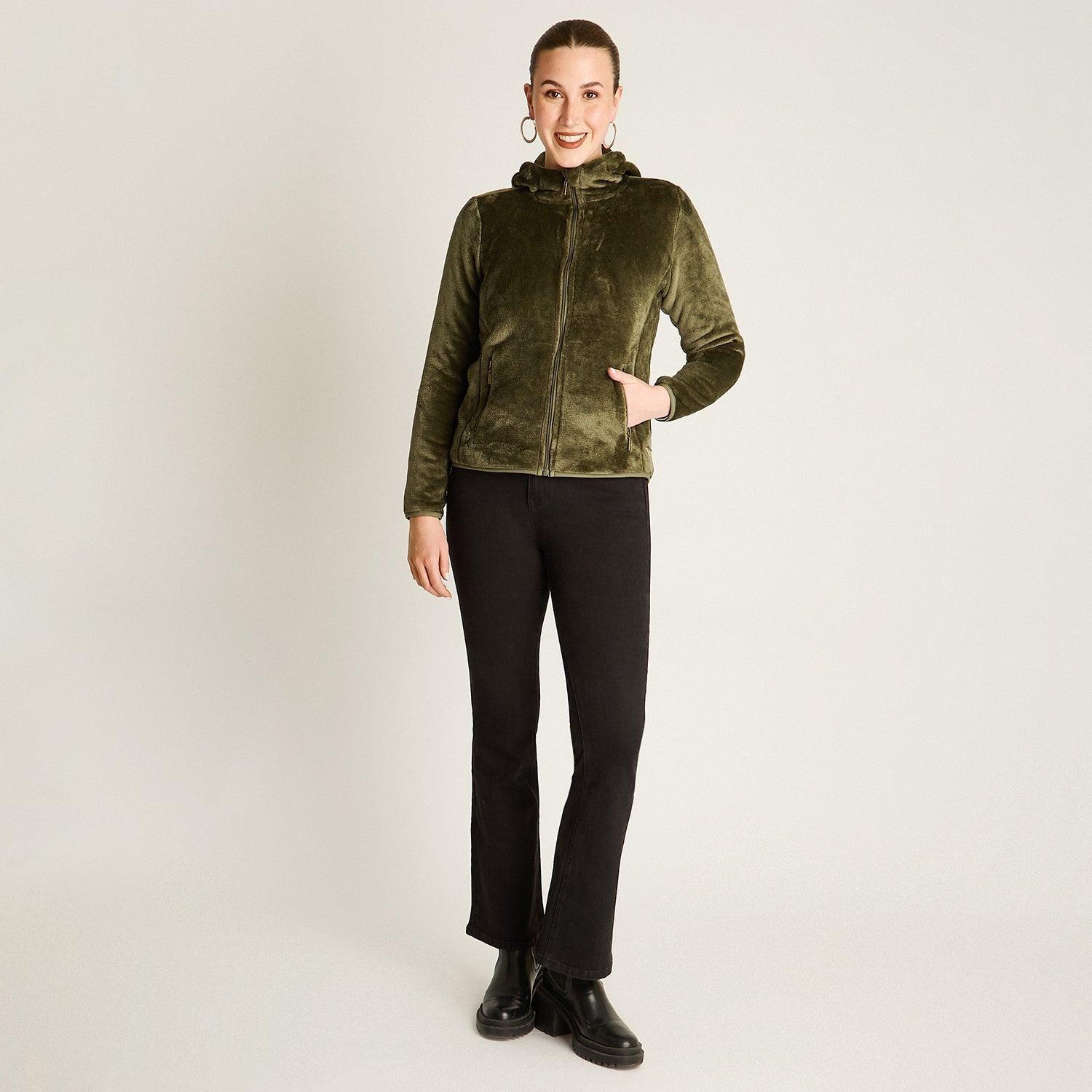 Poleron Coral Fleece Verde Manga Larga Elasticidad Media Sin Forro Calce Normal Tela Punto-3