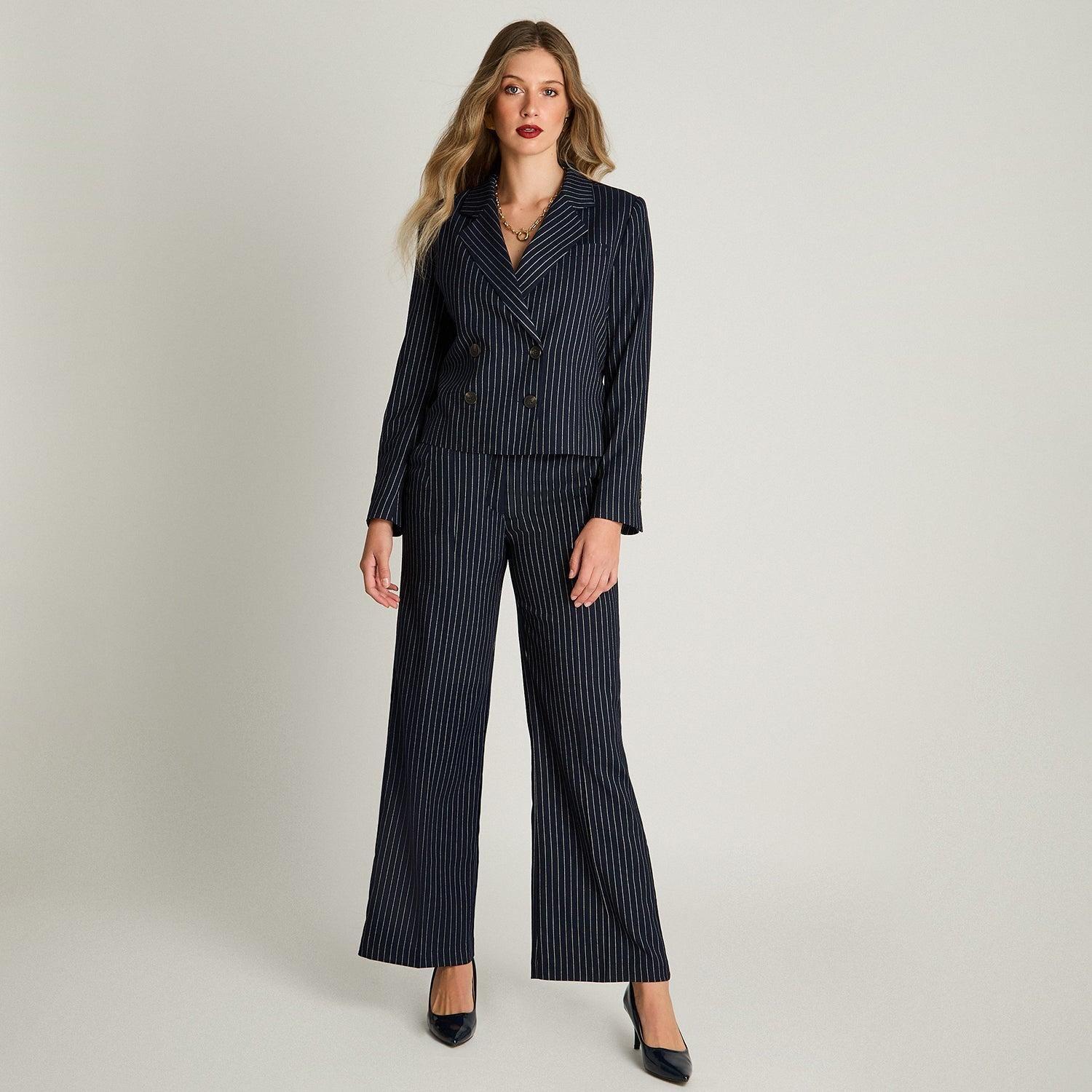 Blazer Crop Manga Larga Cruzado Con Listado Azul-3