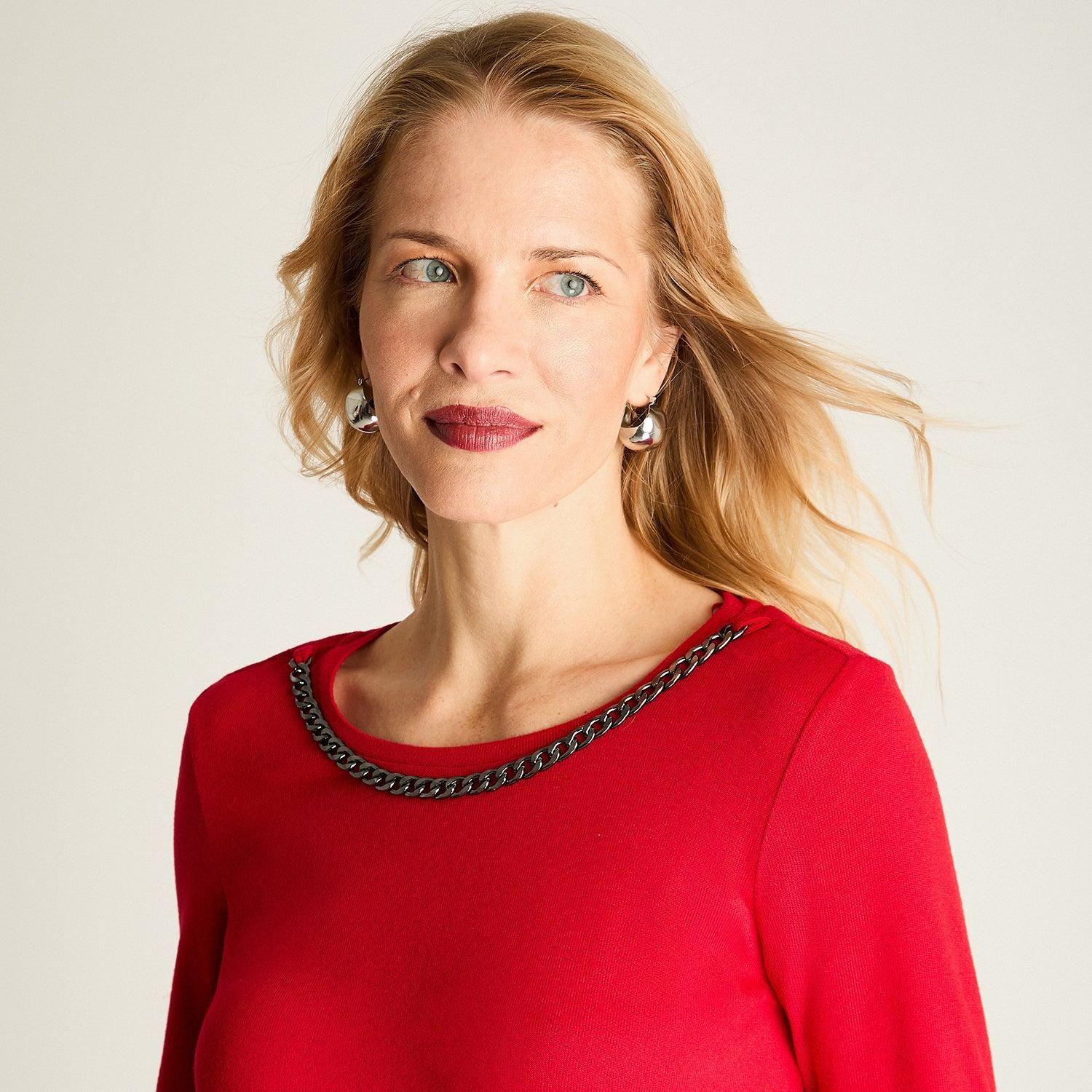 Polera De Lanilla Manga Larga Con Cadena En Escote Rojo-3