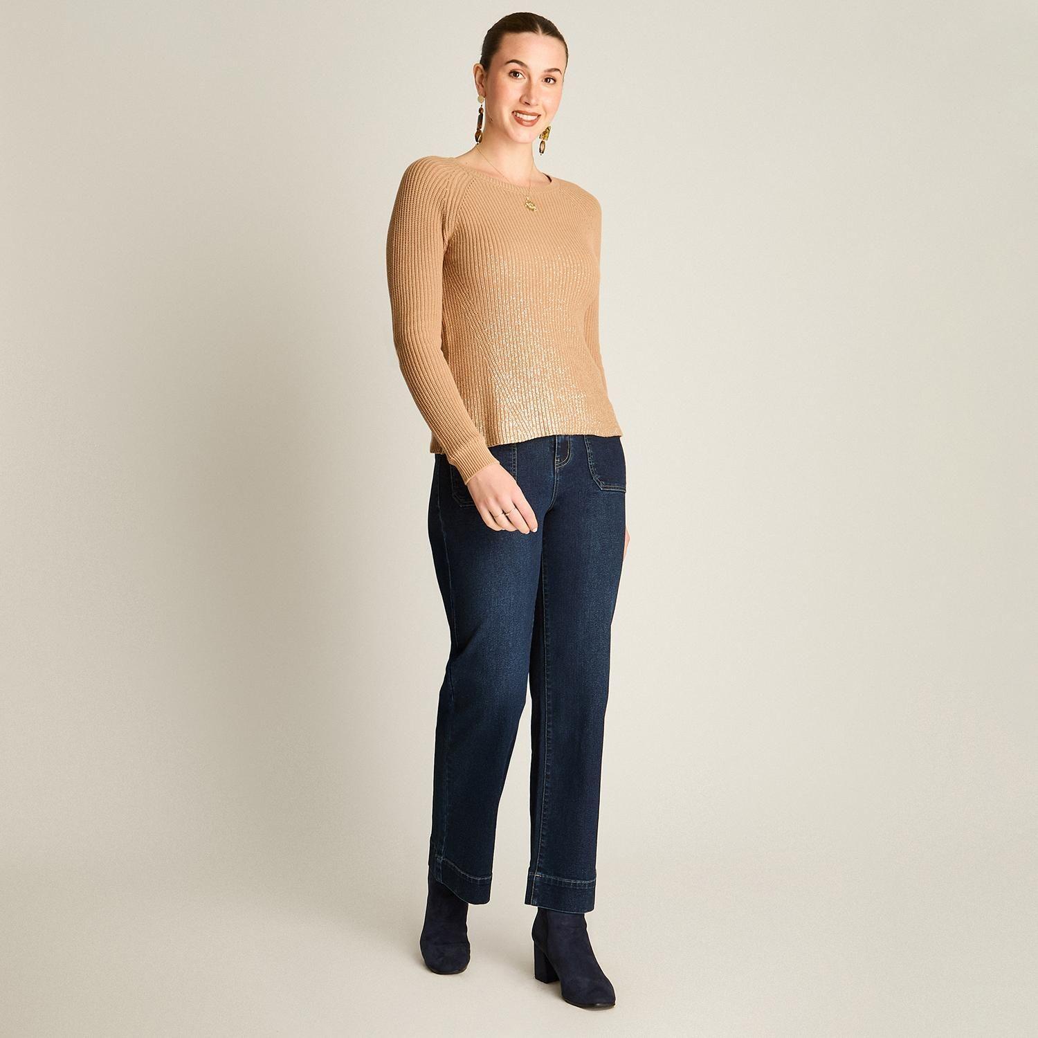 Sweater Camel Escote V con Cortes Delanteros-3