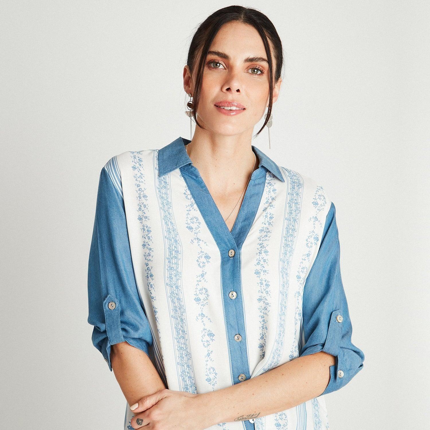 Blusa Azul Medio Manga 3,4 Estampado Cuello Camisero-2