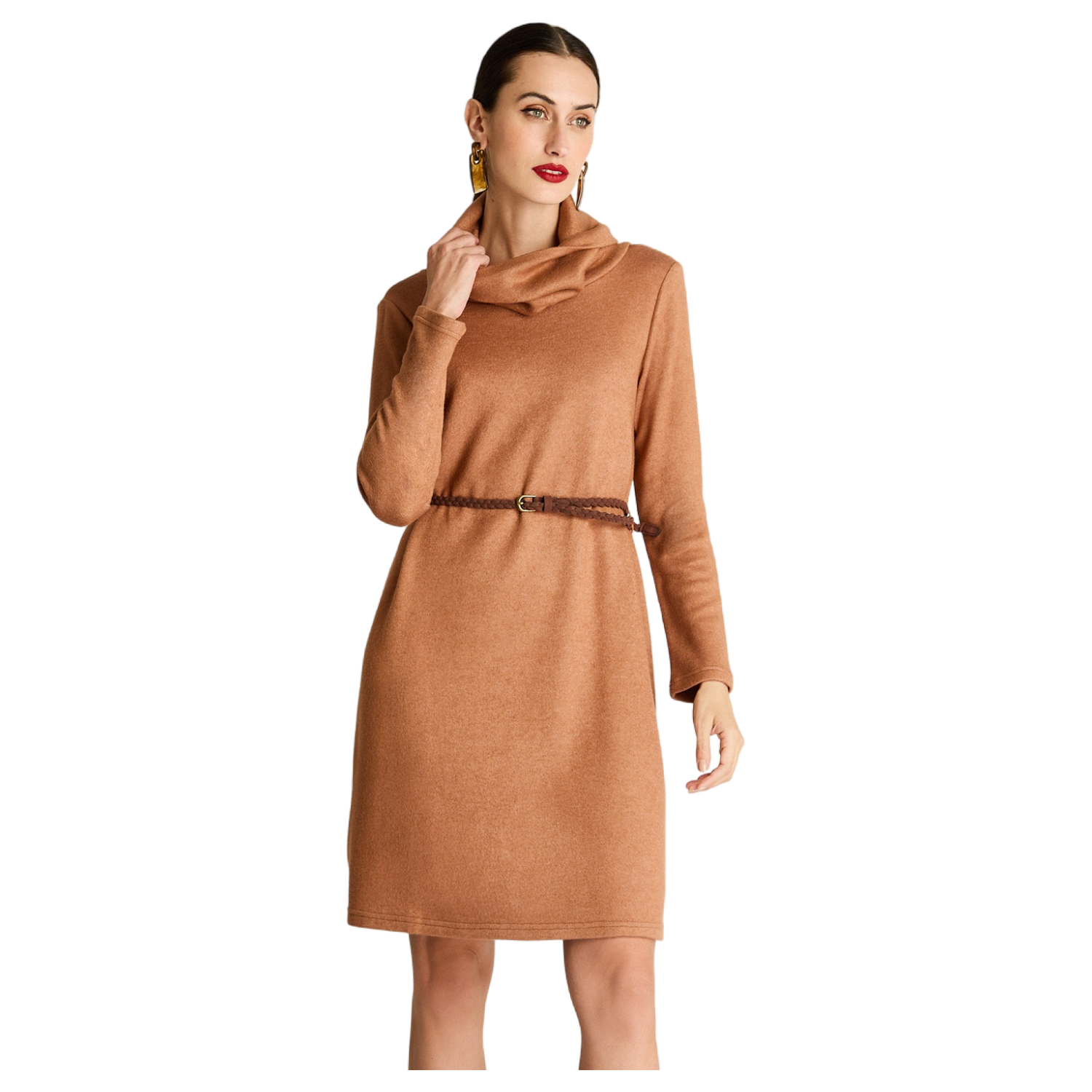 Vestido Midi Manga Larga Cuello Bote Cinturón Camel-0