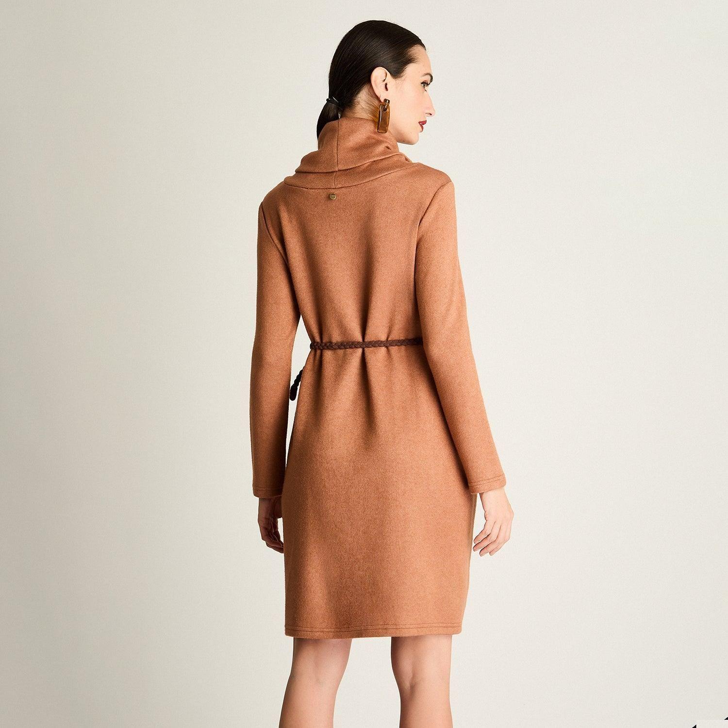 Vestido Midi Manga Larga Cuello Bote Cinturón Camel-1