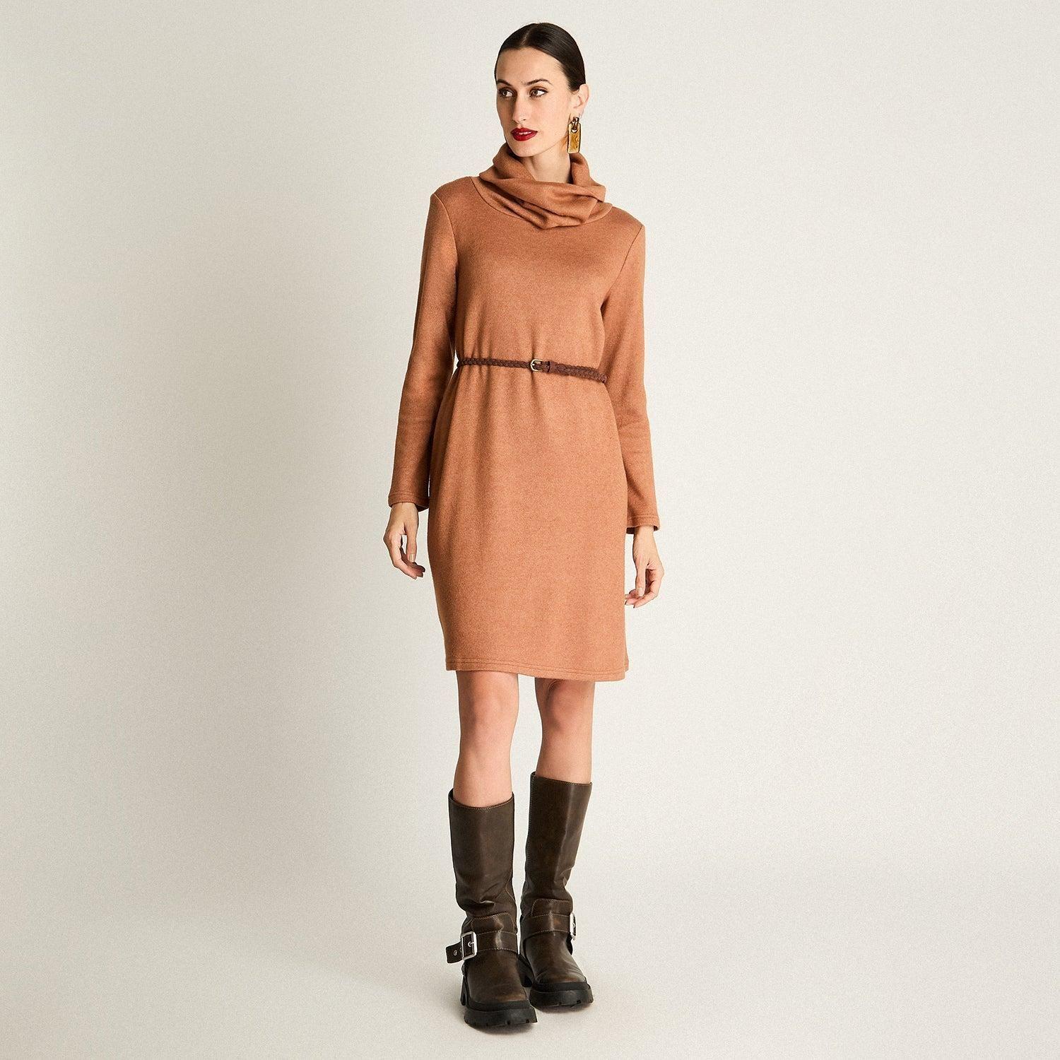 Vestido Midi Manga Larga Cuello Bote Cinturón Camel-3