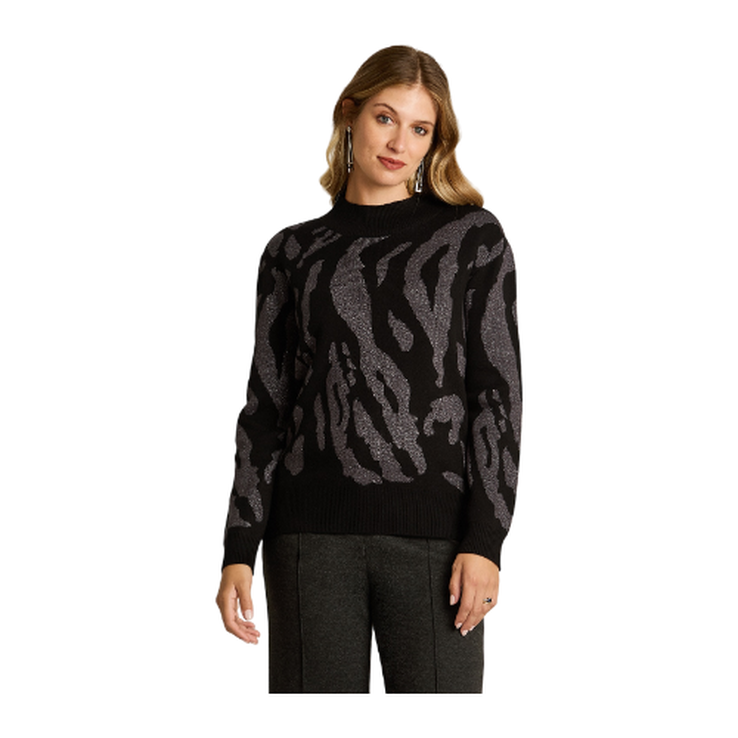 Sweater Negro con Estampado Animal Print y Lurex en Tejido-0