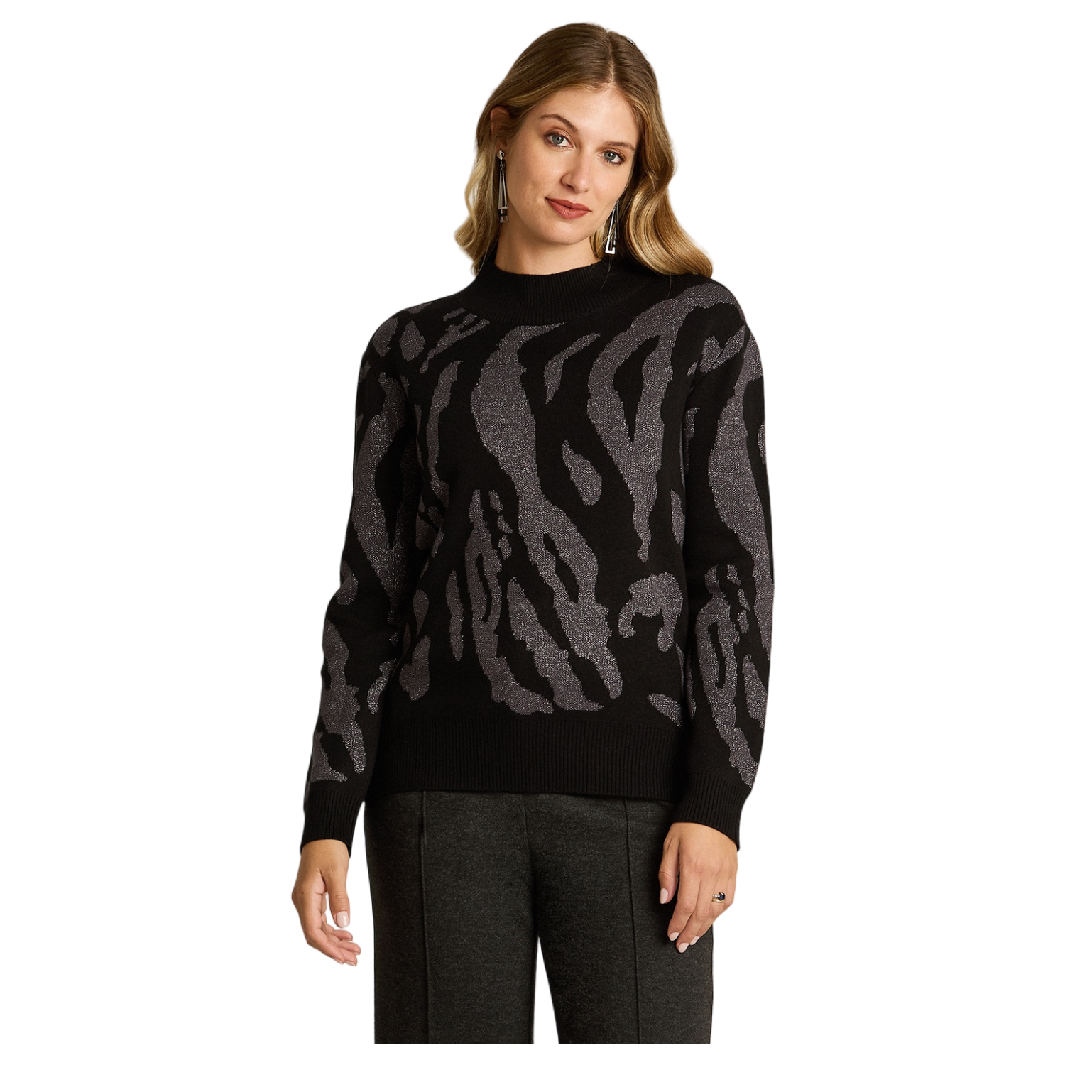 Sweater Negro con Estampado Animal Print y Lurex en Tejido-0