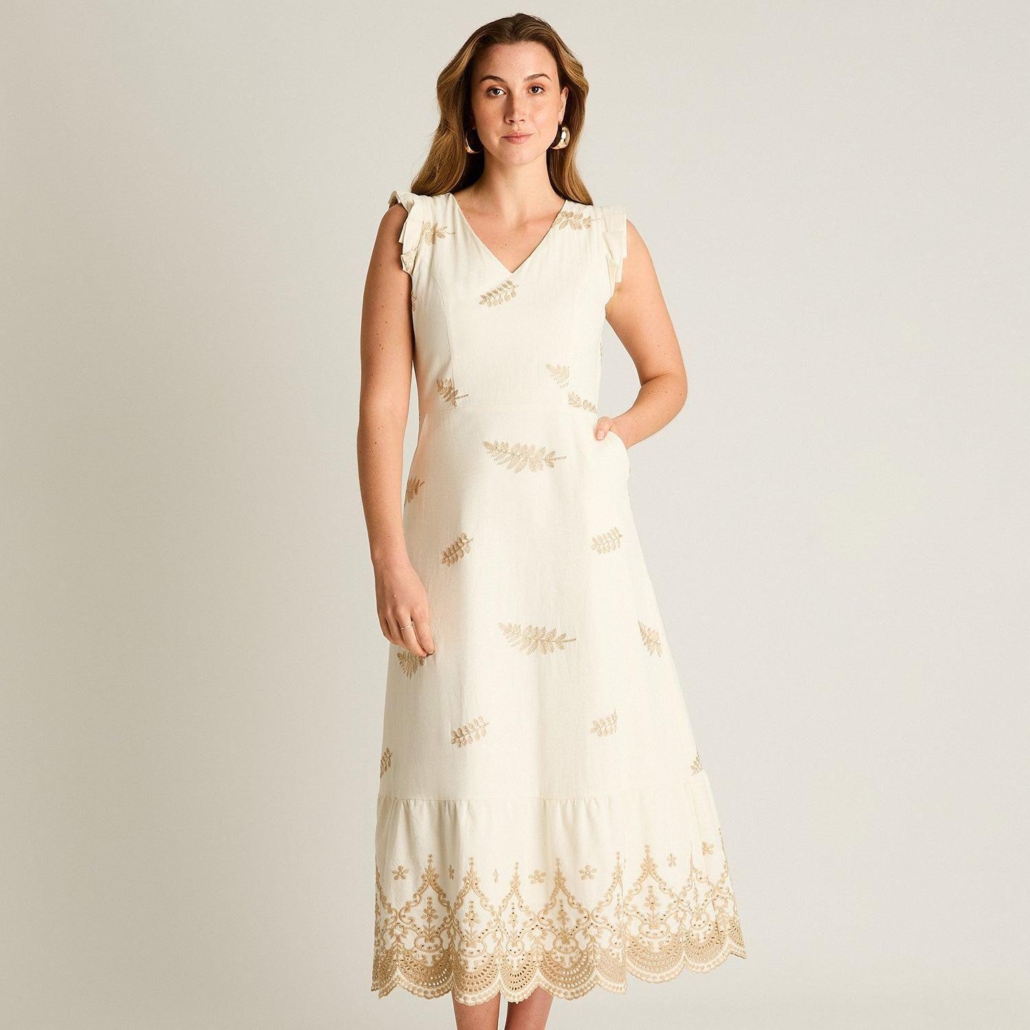 Vestido Midi Beige Con Broderie y Forro-3