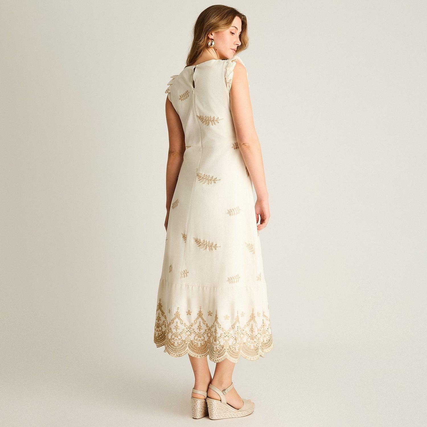Vestido Midi Beige Con Broderie y Forro-1