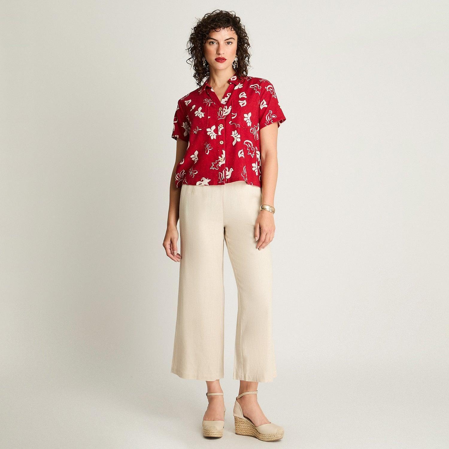Blusa Crop Manga Corta Lino Con Bolsillos Rojo-3