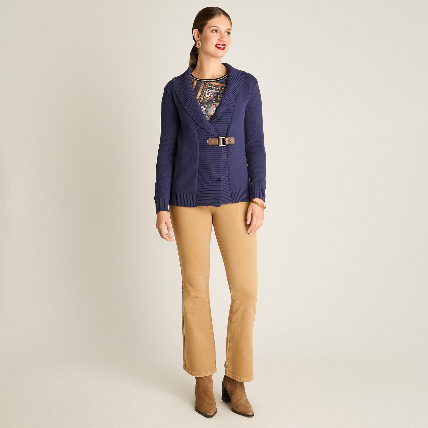 Cardigan Azul Cruzado con Hebilla Lateral Ajustable-3