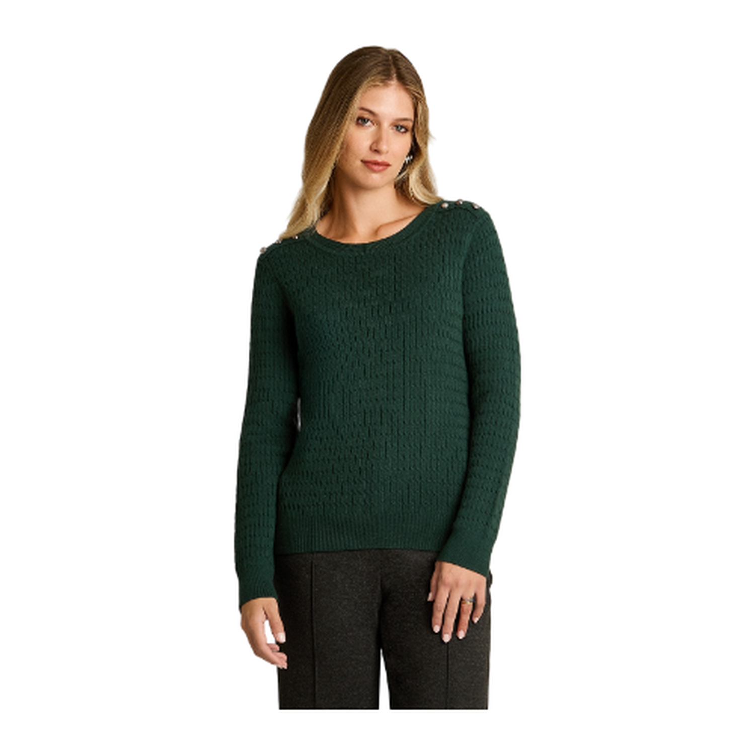 Sweater Verde con Trenzado en Relieve y Botones Dorados en Hombro-0