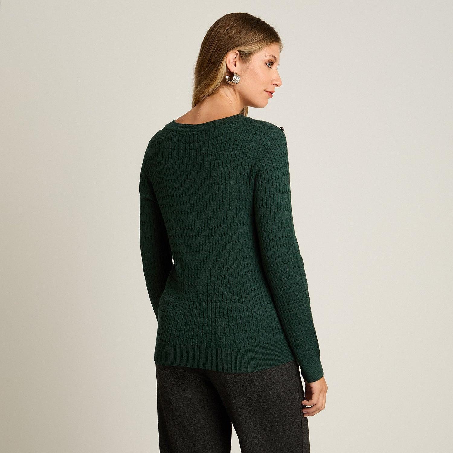 Sweater Verde con Trenzado en Relieve y Botones Dorados en Hombro-1