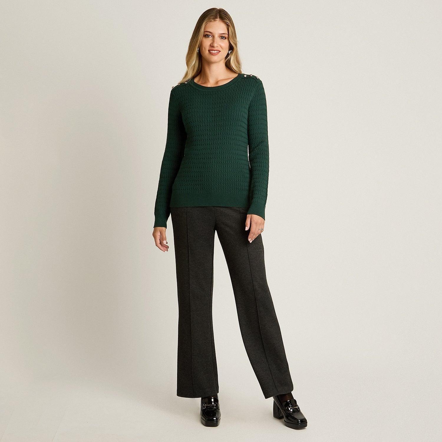 Sweater Verde con Trenzado en Relieve y Botones Dorados en Hombro-3