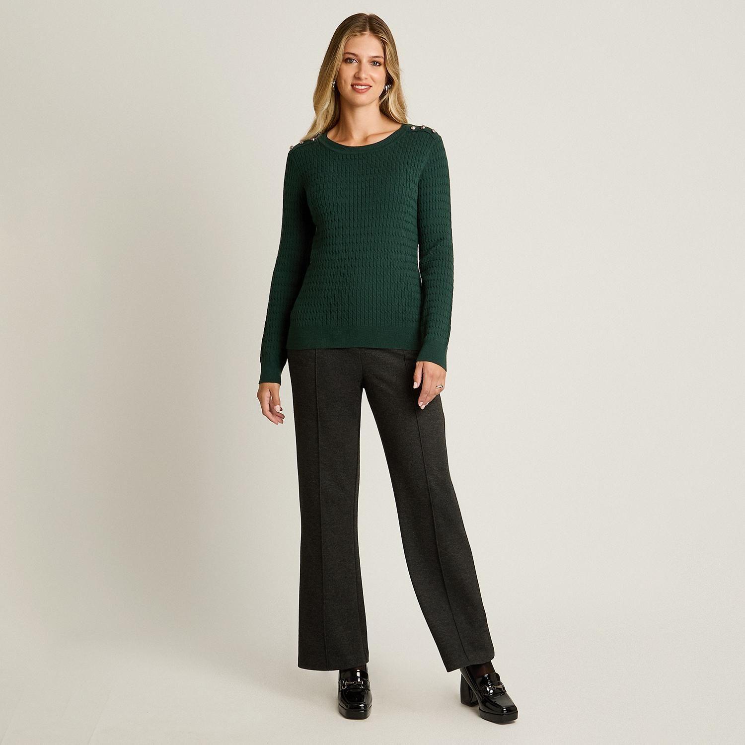 Sweater Verde con Trenzado en Relieve y Botones Dorados en Hombro-3