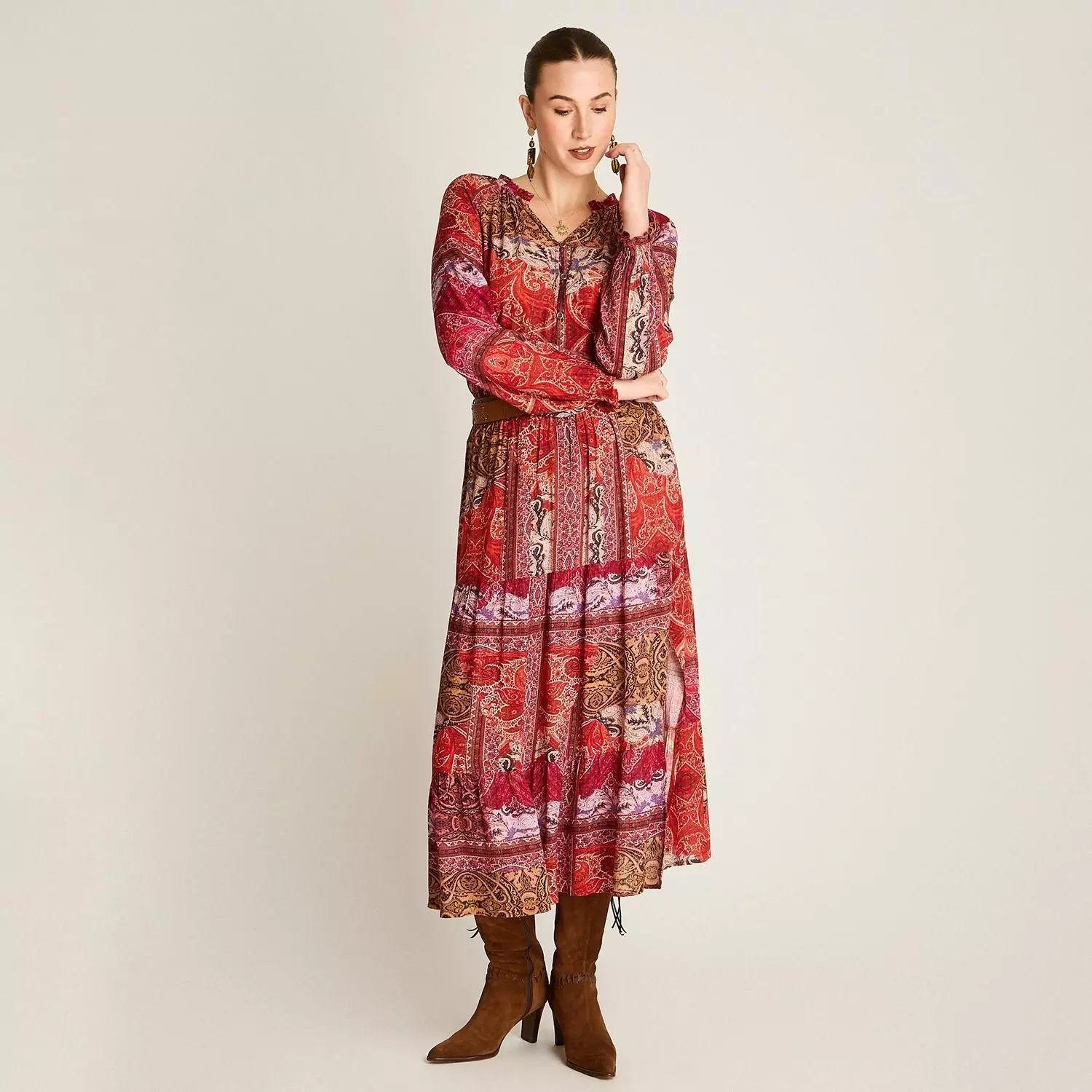 Falda Larga Estampada Terracota de Estilo Boho-2