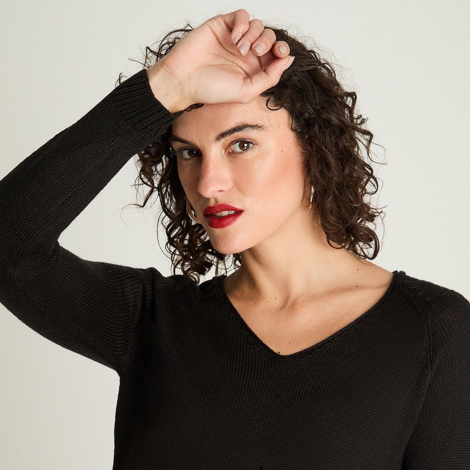 Sweater Manga Larga Escote V Básico Negro-2