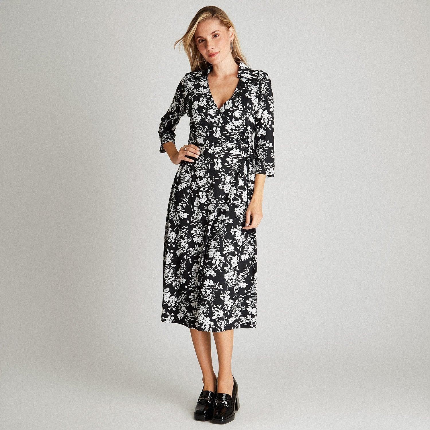 Vestido Midi Negro Manga 3,4 Estampado Cuello Camisero-3