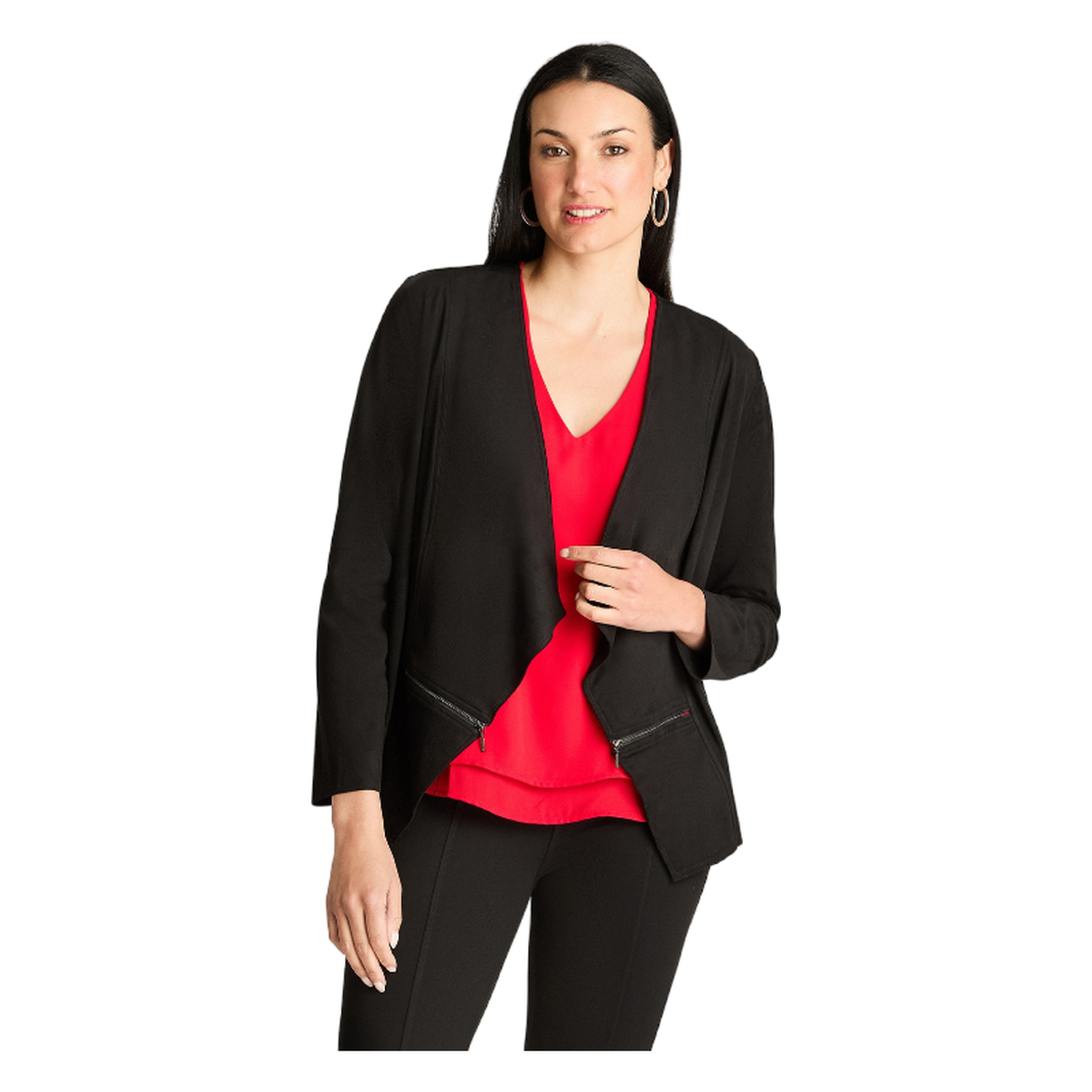 Chaqueta Manga Larga Tipo Tapado De Suede Asimetrico Negro-0