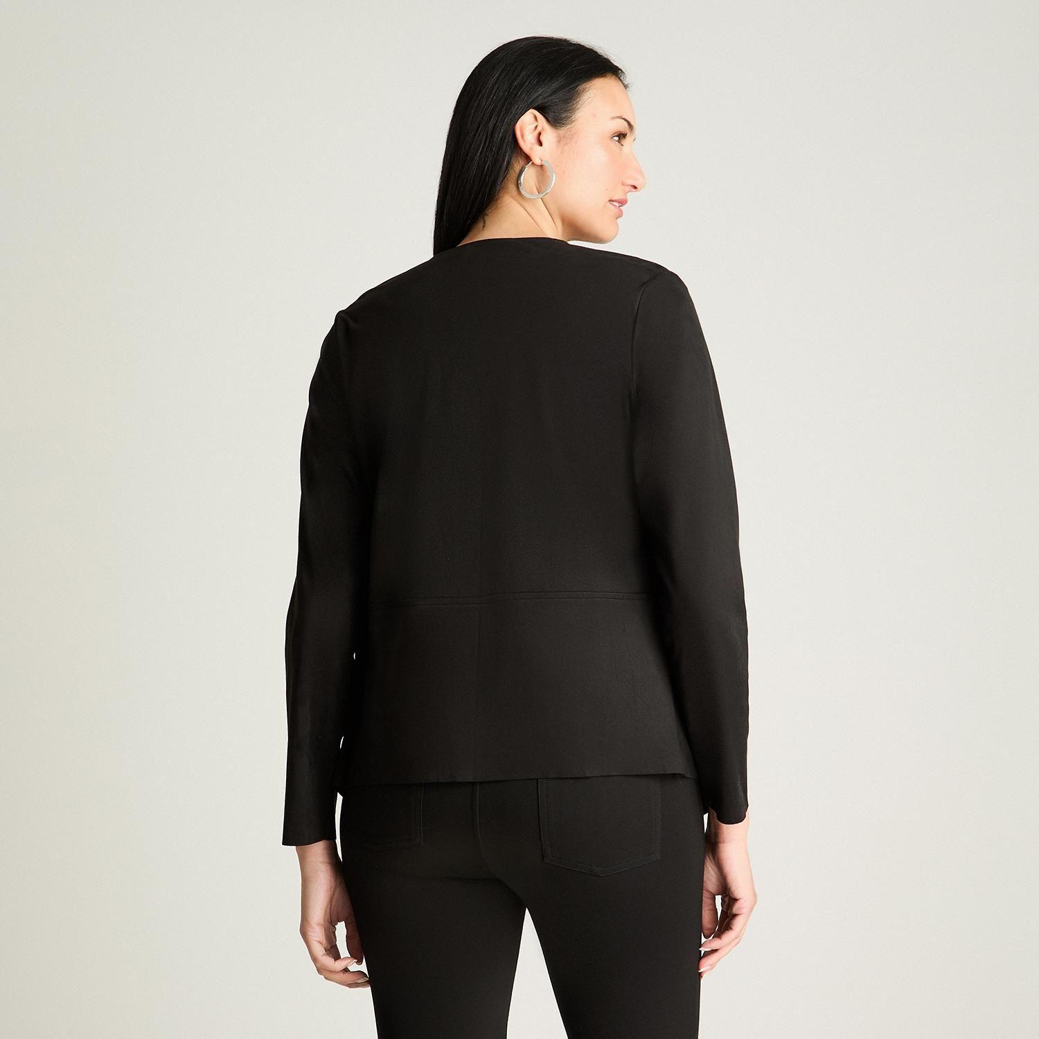 Chaqueta Manga Larga Tipo Tapado De Suede Asimetrico Negro-1