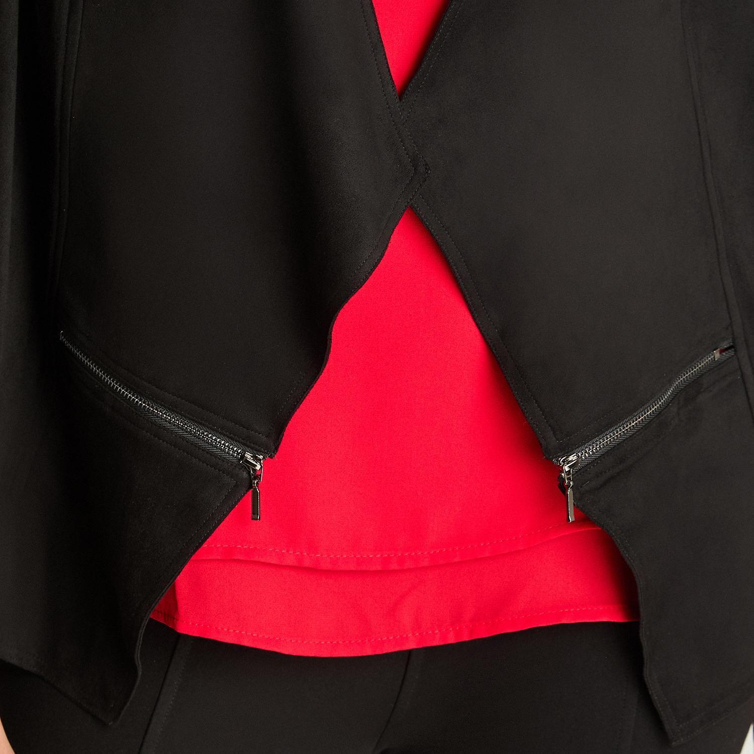Chaqueta Manga Larga Tipo Tapado De Suede Asimetrico Negro-2