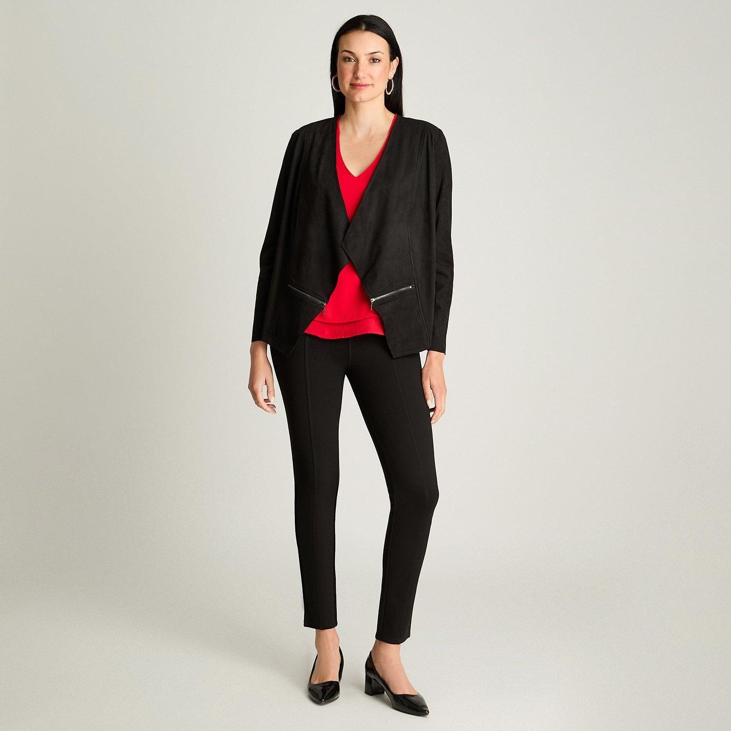 Chaqueta Manga Larga Tipo Tapado De Suede Asimetrico Negro-3