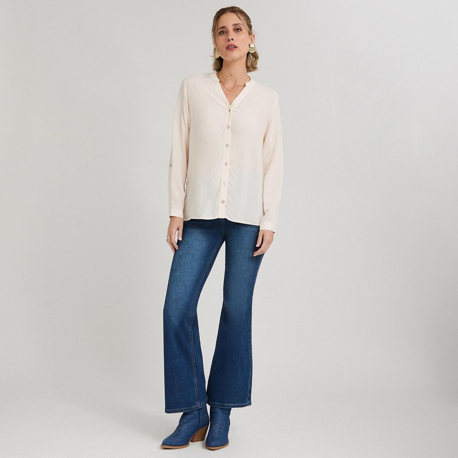 Blusa Escote Mao Manga Roll Up con Textura Beige-3