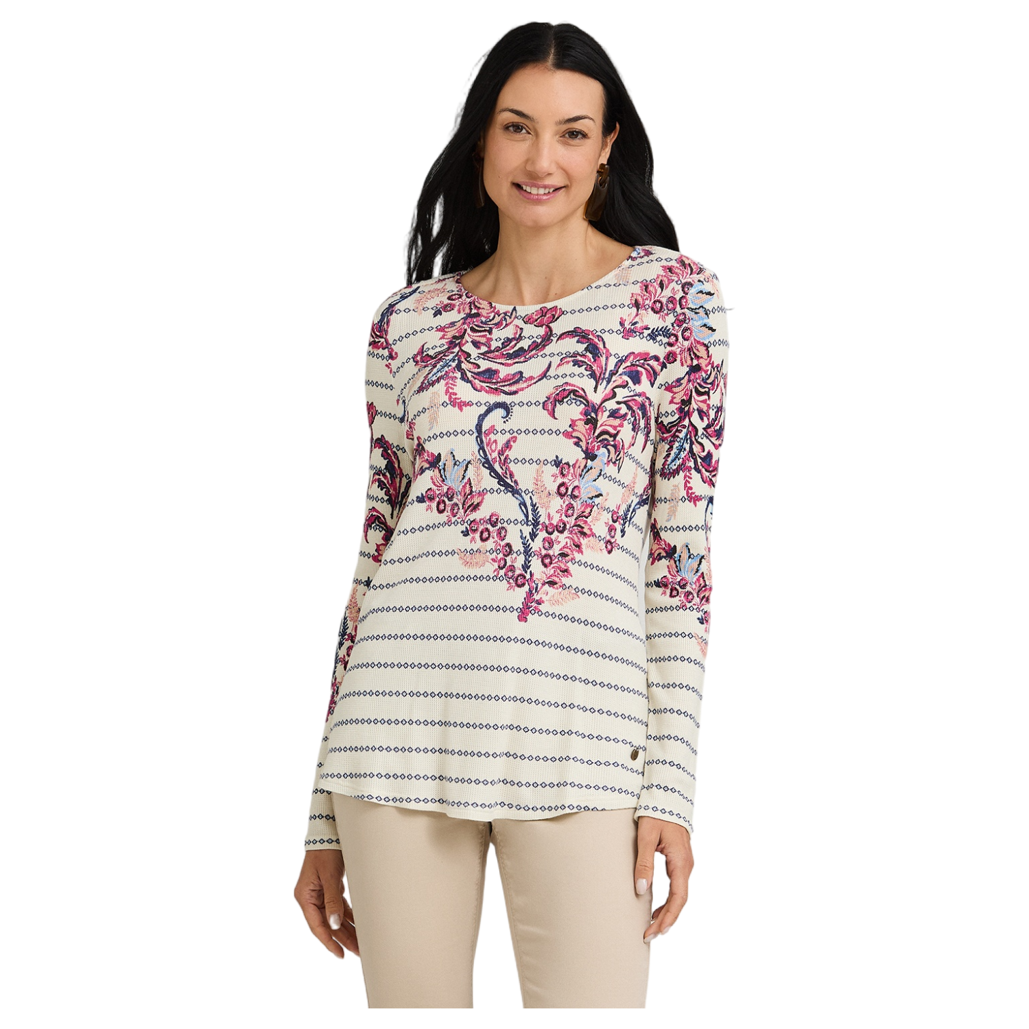 Polera Manga Larga Estampado Localizado Beige-0