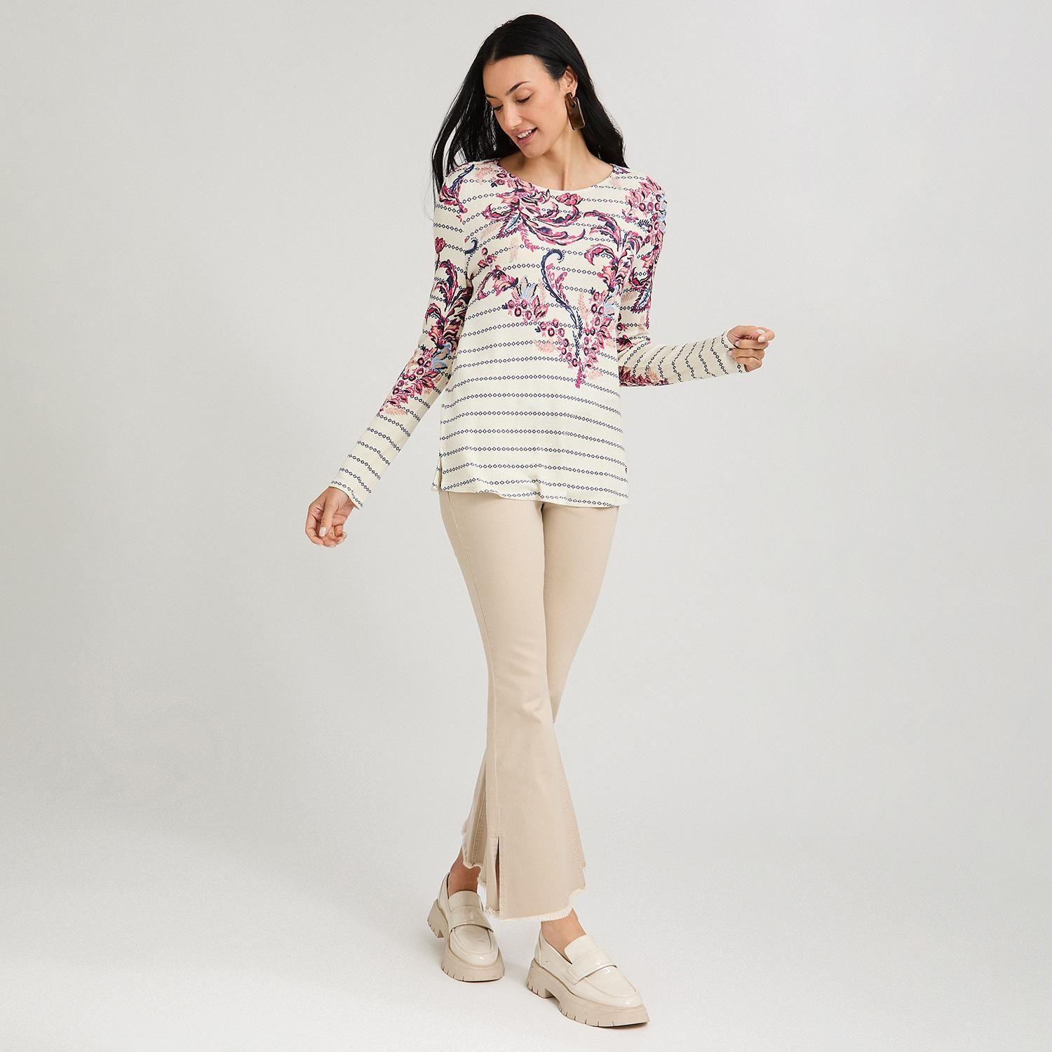 Polera Manga Larga Estampado Localizado Beige-3