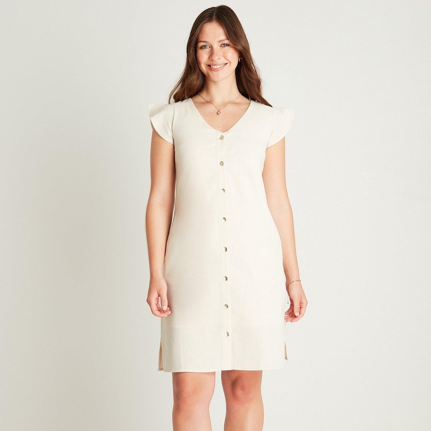 Vestido Corto Beige Manga Corta Cuello V-0