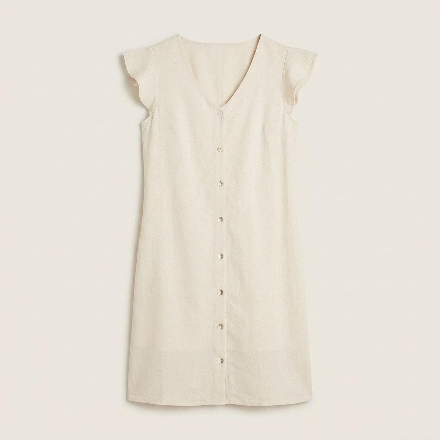 Vestido Corto Beige Manga Corta Cuello V-4