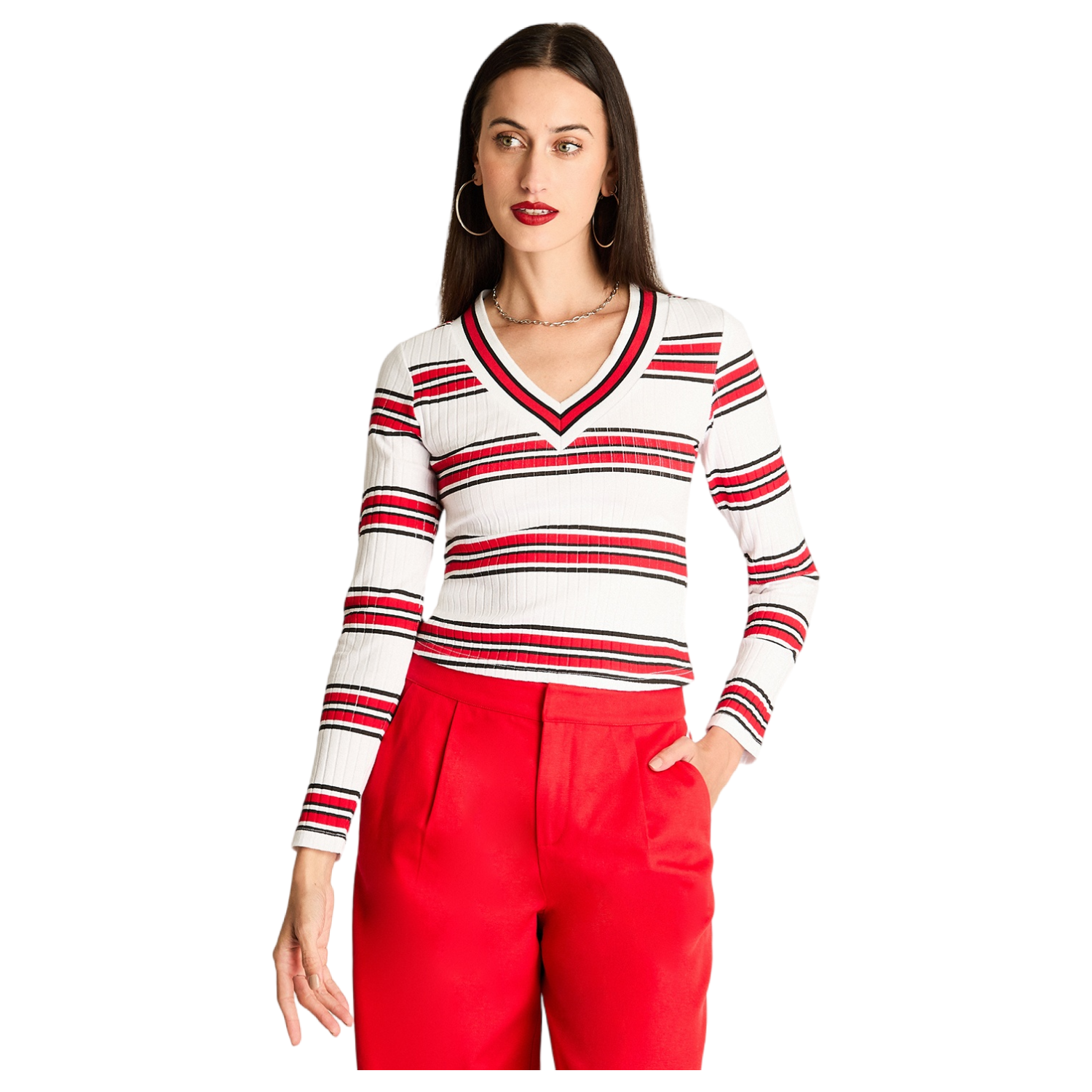 Polera Cuello V Listada Blanco-0